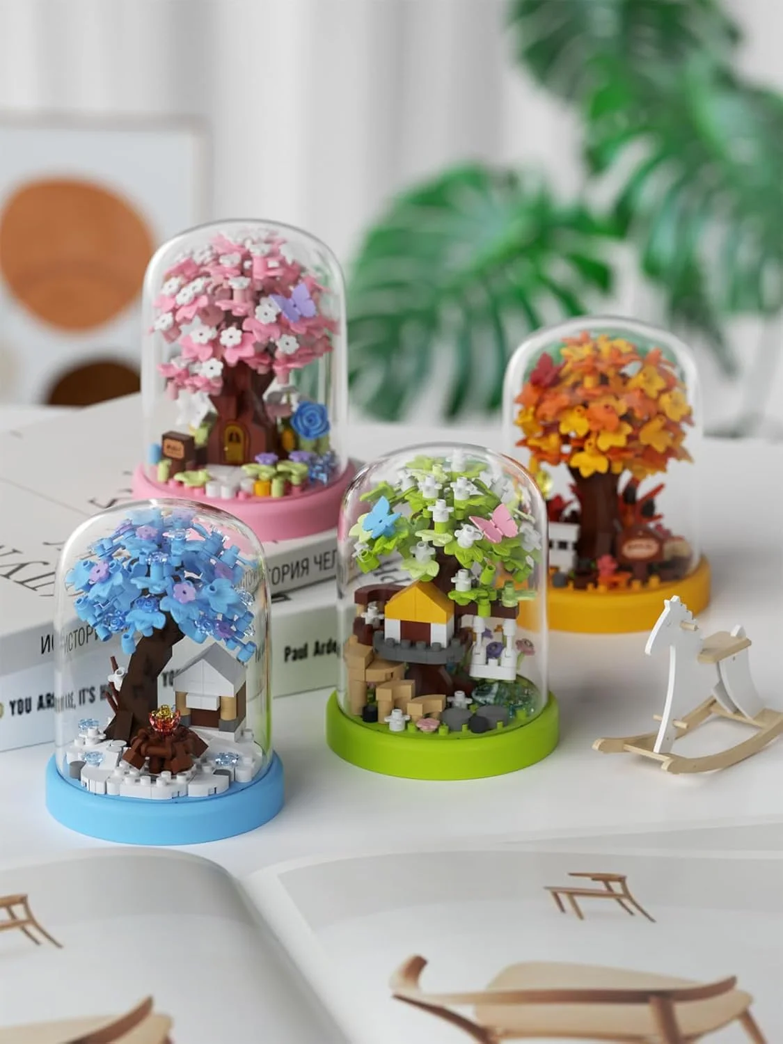 مجموعه بلوک های ساختمانی خانه درختی با درختچه بونسای مینیاتوری، تزئینات گل و پوشش ضد گرد و غبار، کیت ساخت و ساز آموزشی DIY، هدیه ای خوب برای کودکان و بزرگسالان (4 عدد)