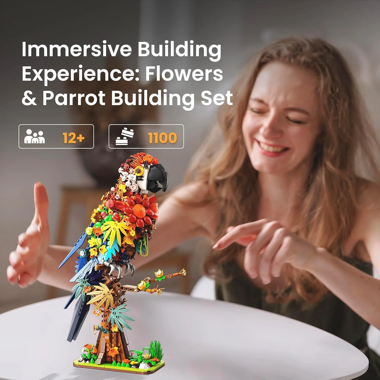 مجموعه ساختنی گل و طوطی، مدل نمایشی پرنده گلدار حیوانات، اسباب بازی ساختنی فیگور حیوانات، برای بزرگسالان و کودکان بالای 12 سال (1100 قطعه)