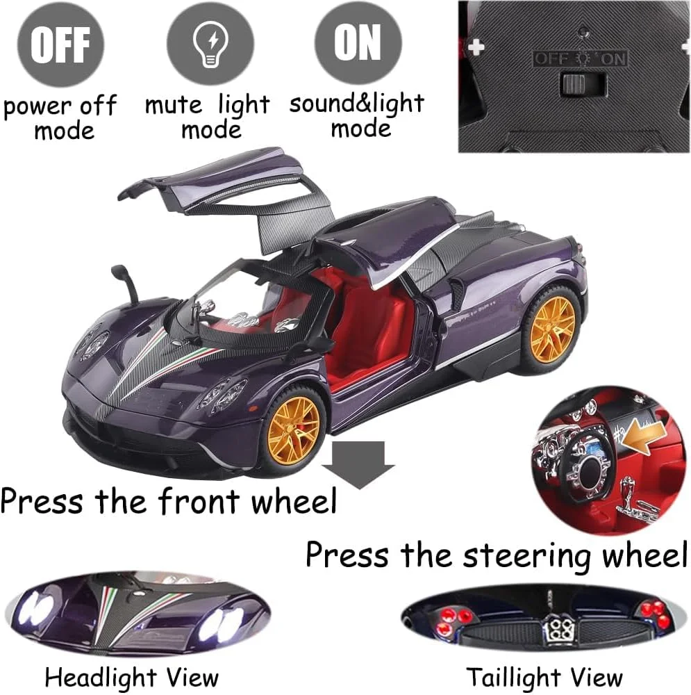 مدل ماشین اسباب بازی - مقیاس 1/24 آلیاژ بنفش کلکسیونی با چراغ و صدا، وسیله نقلیه دایکاست عقب کش، درب های بال مرغی، فرمان و جلوه های صوتی مدل ماشین اسباب بازی - مقیاس 1/24 آلیاژ بنفش کلکسیونی با چراغ و صدا، وسیله نقلیه دایکاست عقب کش، درب های بال مرغی، فرمان و جلوه های صوتی