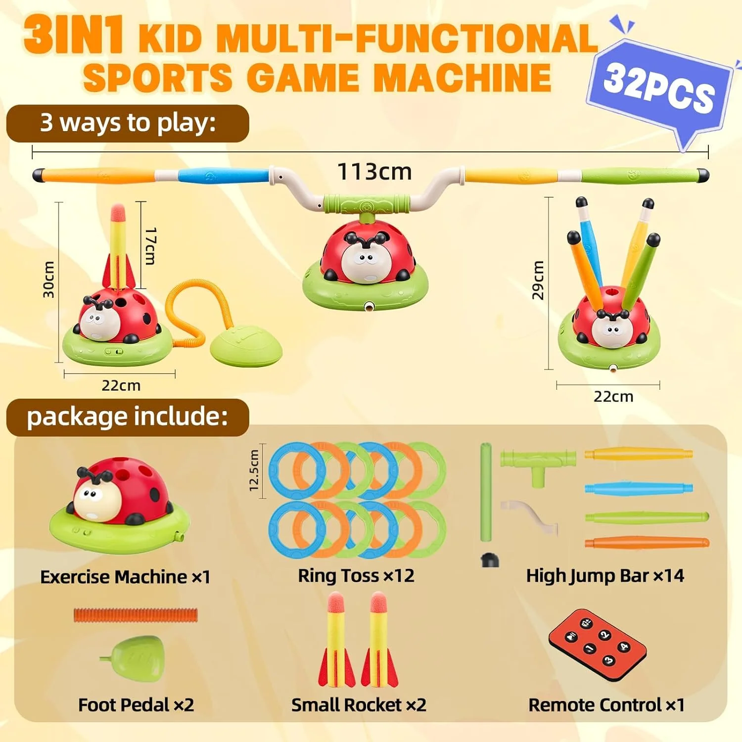 ست بازی چند منظوره کودکان - اسباب بازی ورزشی کفشدوزک با میله چرخشی پرش، پرتابگر موشک پایی و حلقه پرتاب - سرعت قابل تنظیم با کنترل از راه دور - بازی فعال در فضای باز و سرپوشیده