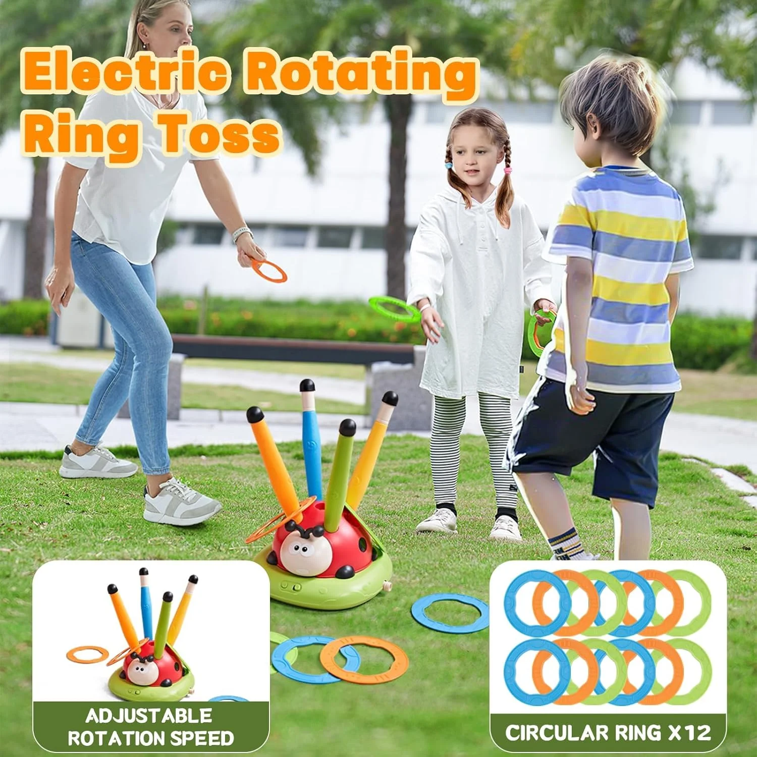 ست بازی چند منظوره کودکان - اسباب بازی ورزشی کفشدوزک با میله چرخشی پرش، پرتابگر موشک پایی و حلقه پرتاب - سرعت قابل تنظیم با کنترل از راه دور - بازی فعال در فضای باز و سرپوشیده