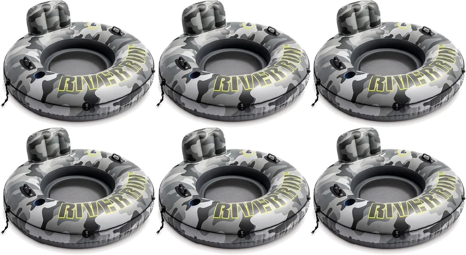 تیوپ بادی یک نفره طرح ارتشی اینتکس مدل River Run I 56835EP به همراه جای لیوان و دستگیره مناسب رودخانه، دریاچه یا استخر، طرح ارتشی خاکستری (بسته 6 عددی)