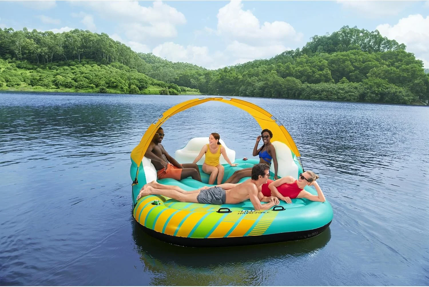 جزیره بادی شناور روی آب دریاچه Bestway Hydro Force Sunny مناسب برای 5 نفر با جا لیوانی و سایبان آفتابگیر جداشدنی، سبز