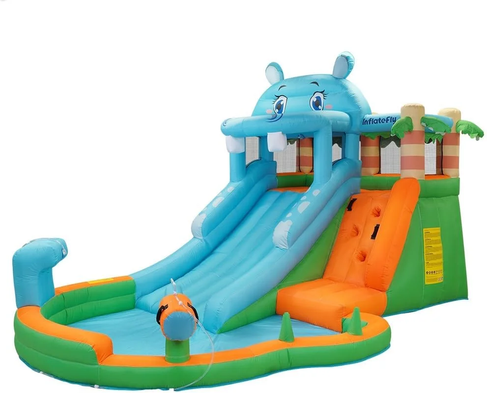 سرسره آبی و قلعه بادی اسب آبی دکتر دلفین با توپ آبپاش - سرسره استخر بادی کودکان با دیوار صخره نوردی و دکور درخت نخل