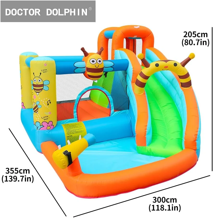قلعه بادی زنبوری دکتر دلفین به همراه سرسره آبی مناسب مهمانی های کودکان در فضای باز به همراه پمپ هوا