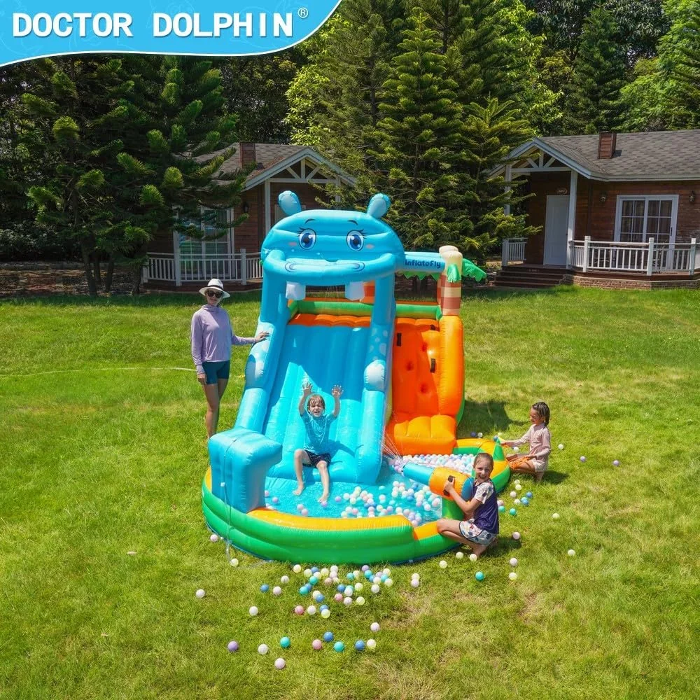 سرسره آبی و قلعه بادی اسب آبی دکتر دلفین با توپ آبپاش - سرسره استخر بادی کودکان با دیوار صخره نوردی و دکور درخت نخل