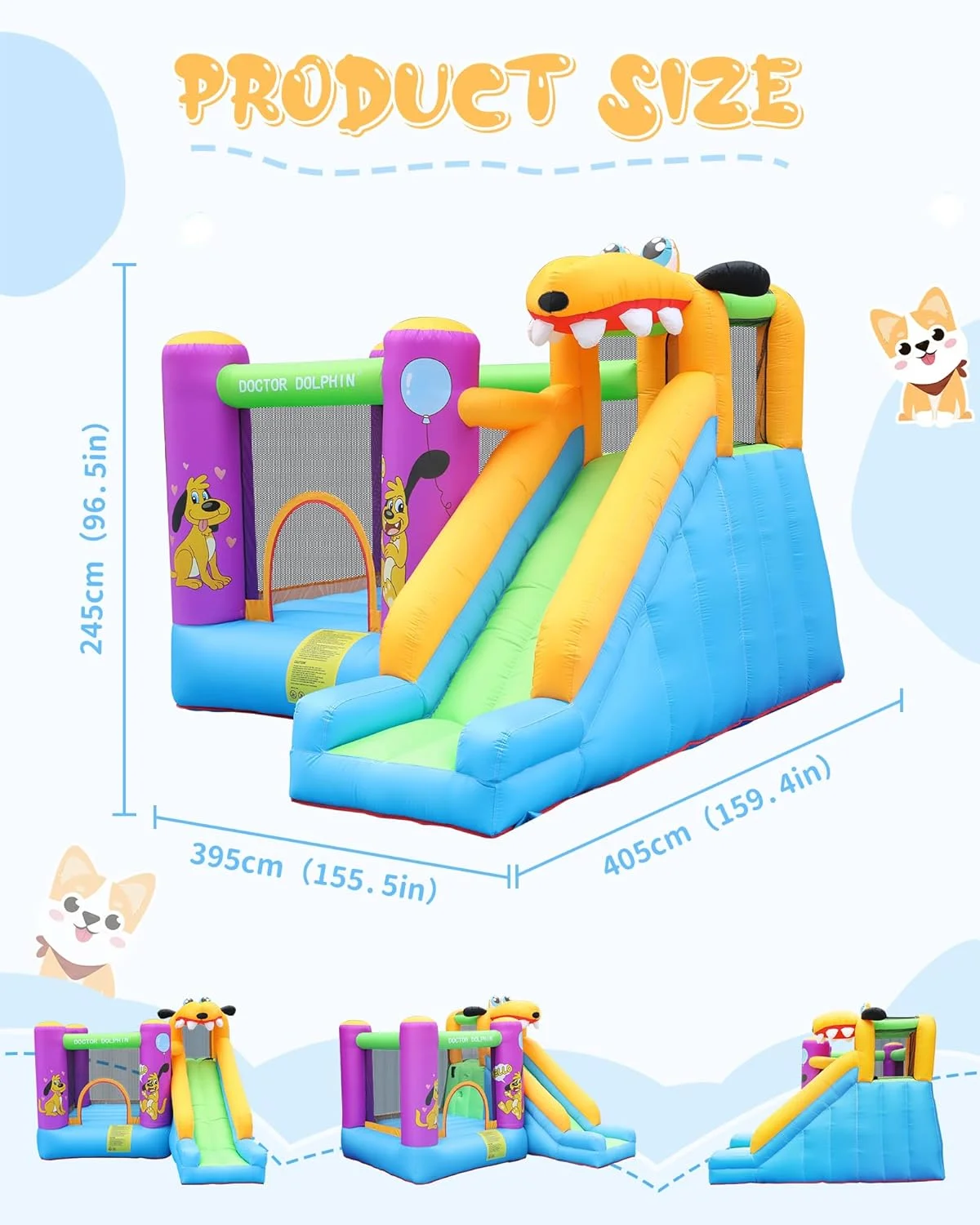 قلعه بادی سرسره دار دکتر دلفین مناسب کودکان 5 تا 12 سال به همراه پمپ هوا، قلعه بادی پرشی با سرسره سگ، جامپینگ بادی مناسب فضای باز، جامپر بادی به همراه پمپ هوا