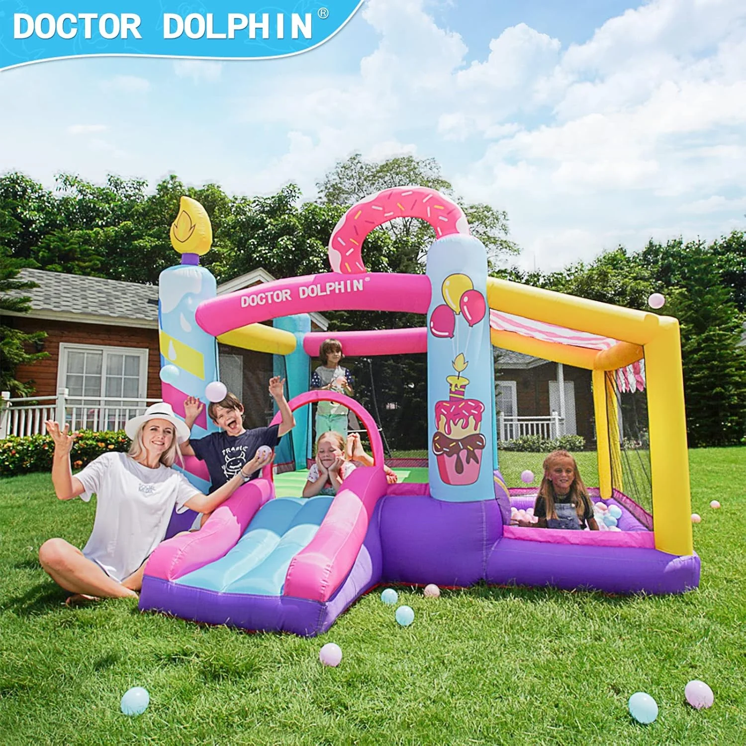 قلعه بادی دکتر دلفین برای فضای باز و داخل خانه، خانه بازی بادی برای کودکان با دمنده، قلعه خانه پرشی با سرسره، استخر توپ