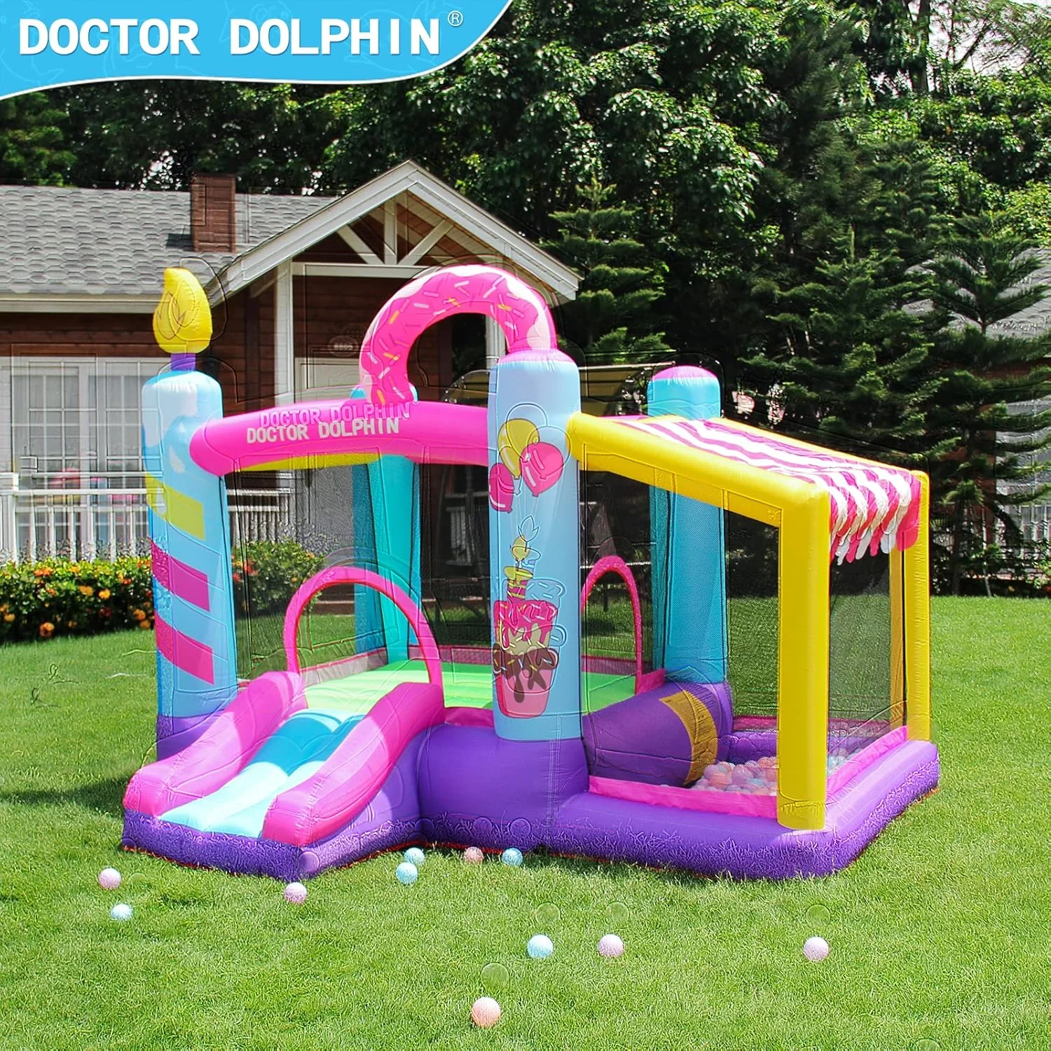 قلعه بادی دکتر دلفین برای فضای باز و داخل خانه، خانه بازی بادی برای کودکان با دمنده، قلعه خانه پرشی با سرسره، استخر توپ
