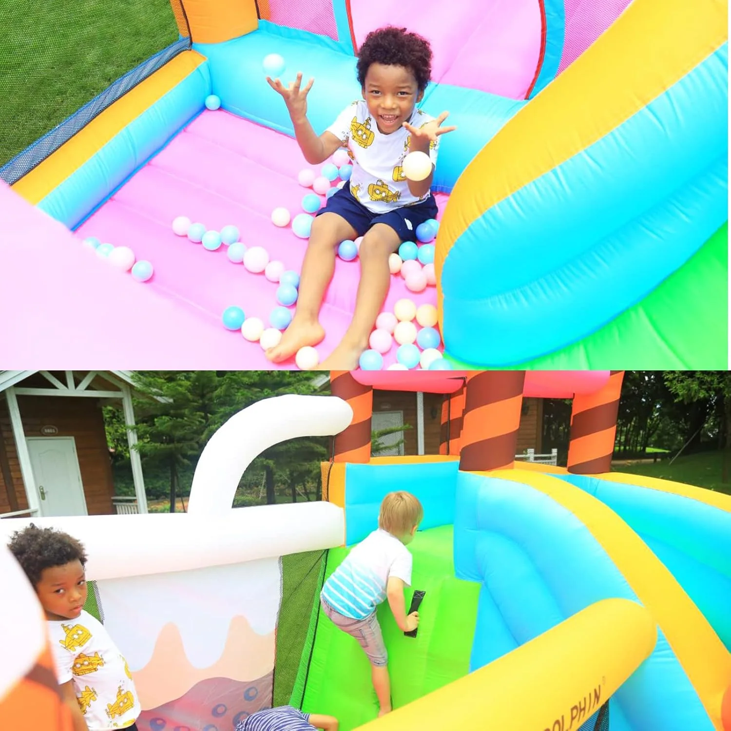 قلعه بادی کودک دکتر دلفین، قلعه بازی بادی سرپوشیده، قلعه بادی با سرسره، خانه جامپینگ مناسب فضای باز برای مهمانی در حیاط خلوت
