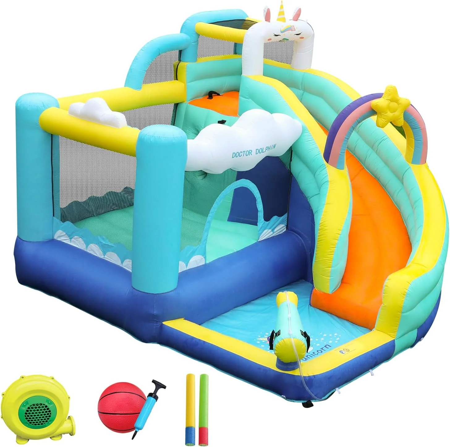 قلعه بادی دکتر دلفین، سرسره آبی تک شاخ، سرسره های آبی برای حیاط خلوت کودکان، پارک آبی بادی برای کودکان، قلعه بادی آبی با سرسره، استخر آب پاش، حلقه بسکتبال