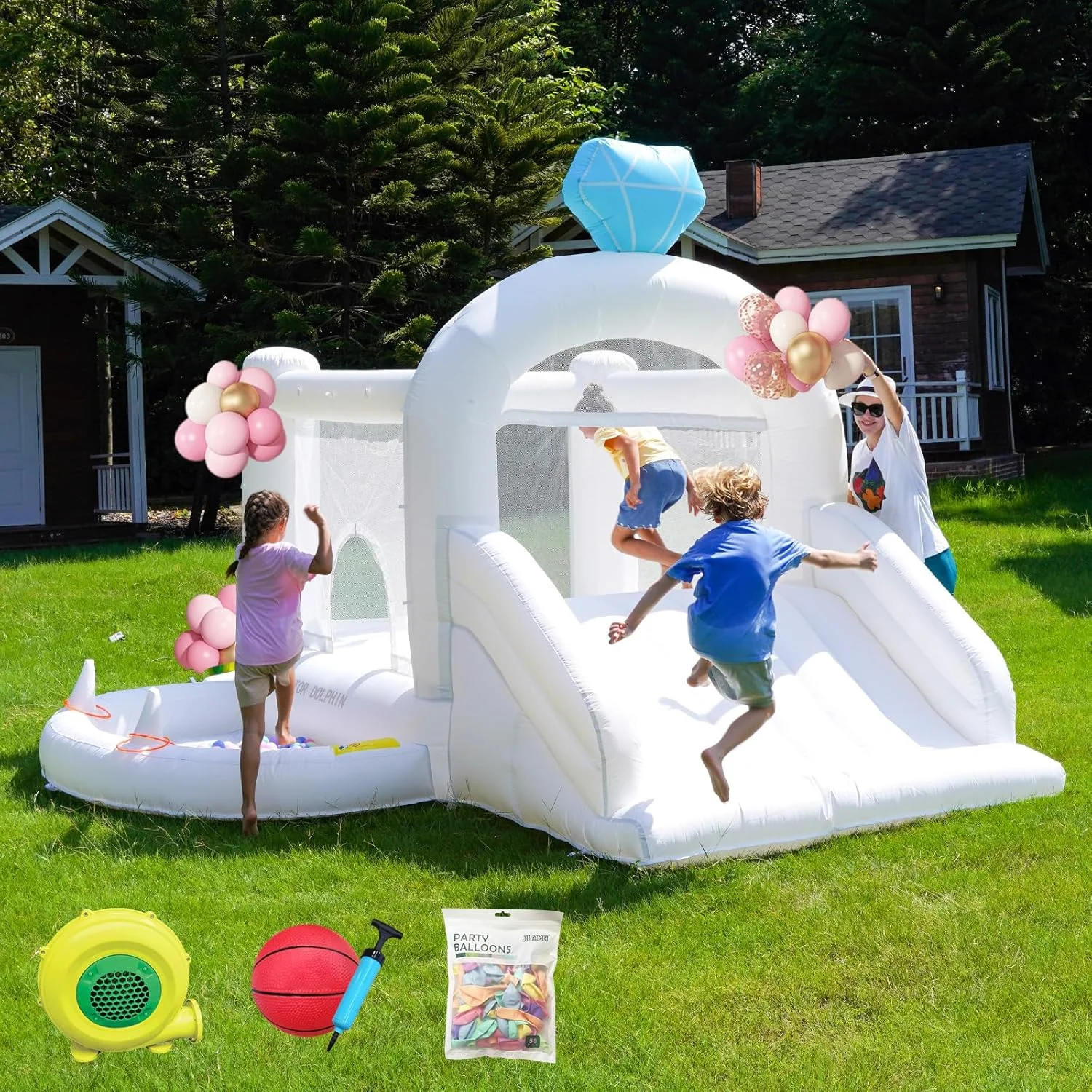 قلعه بادی دکتر دلفین، قلعه بادی سفید برای کودکان 3-6 سال، قلعه بادی با چاله توپ، قلعه بادی با دمنده برای عروسی