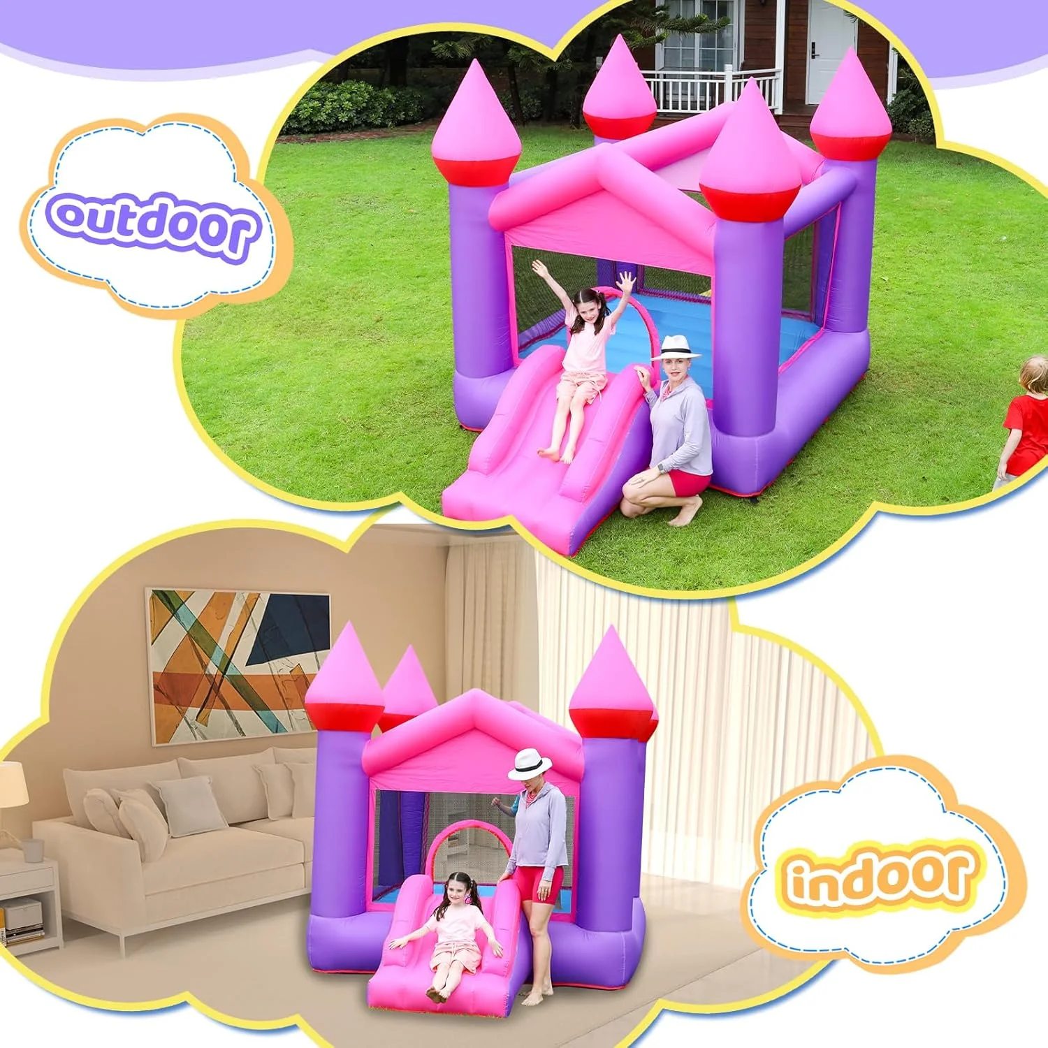 قلعه بادی دکتر دلفین، قلعه بادی صورتی بادی برای کودکان 3-6 سال، قلعه بادی با سرسره برای کودکان بزرگتر، قلعه بادی با دمنده