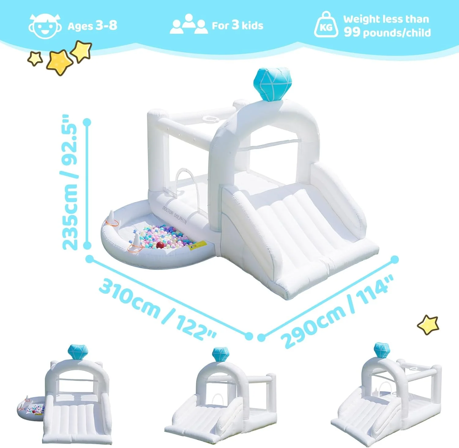 قلعه بادی دکتر دلفین، قلعه بادی سفید برای کودکان 3-6 سال، قلعه بادی با چاله توپ، قلعه بادی با دمنده برای عروسی