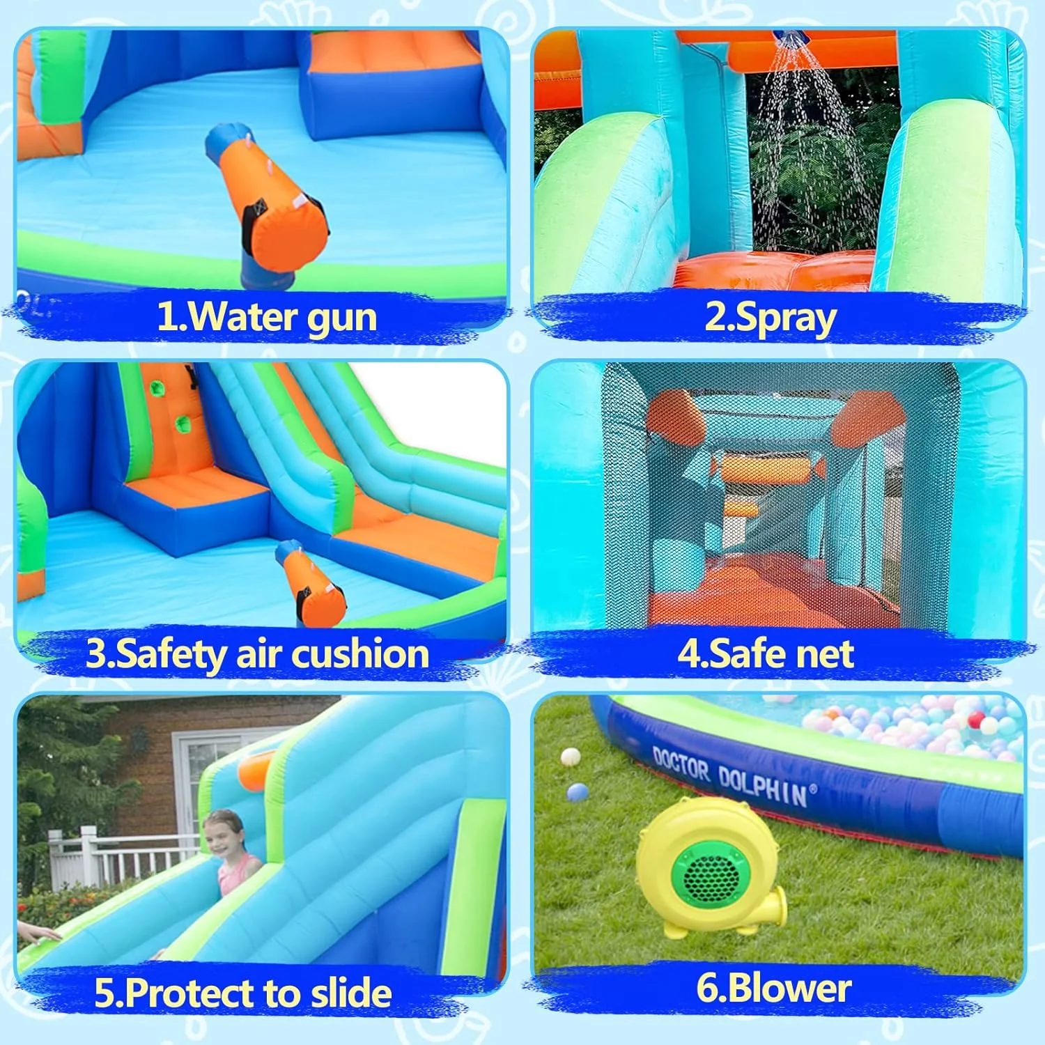 قلعه بادی دکتر دلفین با دمنده، قلعه بادی بادی ضخیم با سرسره دوتایی بلند برای تفریح در فضای باز، هدیه تولد و اسباب بازی