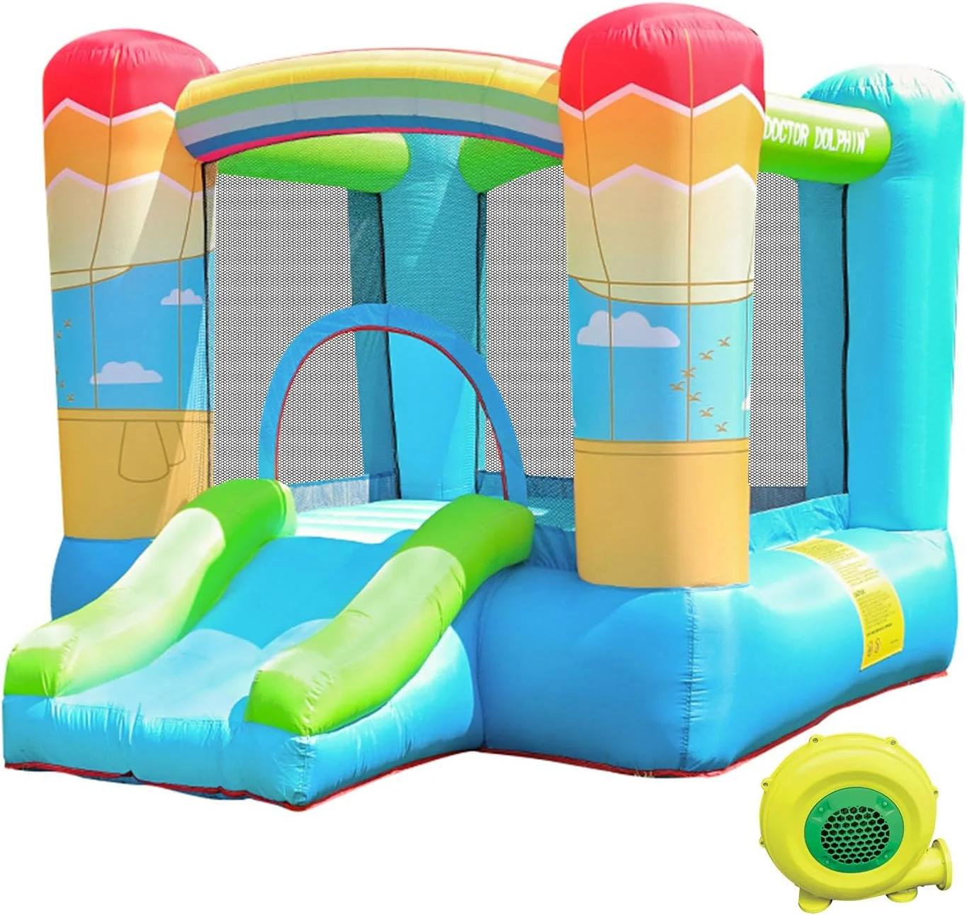 قلعه بادی دکتر دلفین برای کودکان، قلعه بازی بادی با دمنده مناسب فضای داخلی و خارجی، جامپینگ بادی برای مهمانی کودکان (طرح بالن هوای گرم)