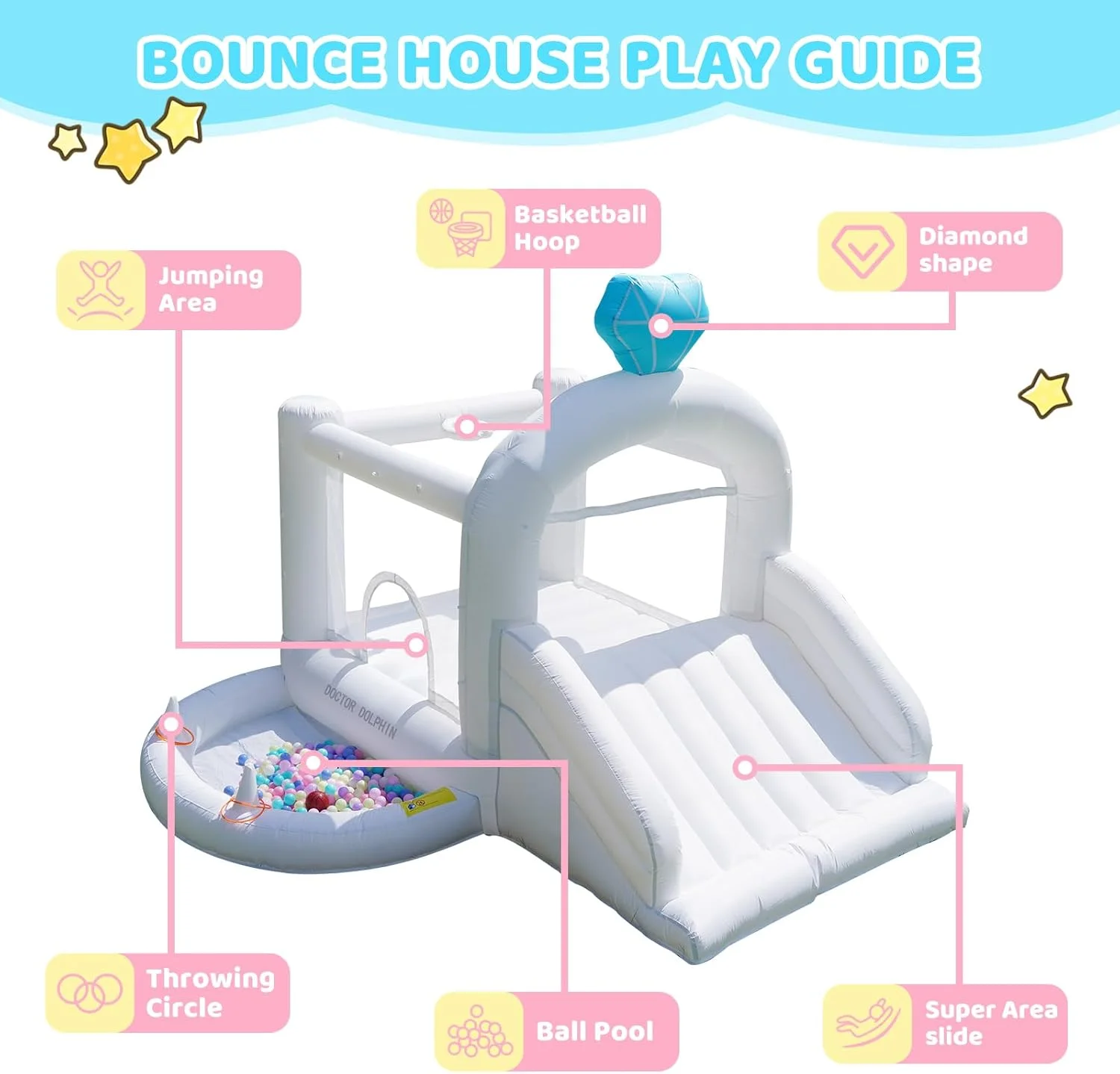 قلعه بادی دکتر دلفین، قلعه بادی سفید برای کودکان 3-6 سال، قلعه بادی با چاله توپ، قلعه بادی با دمنده برای عروسی