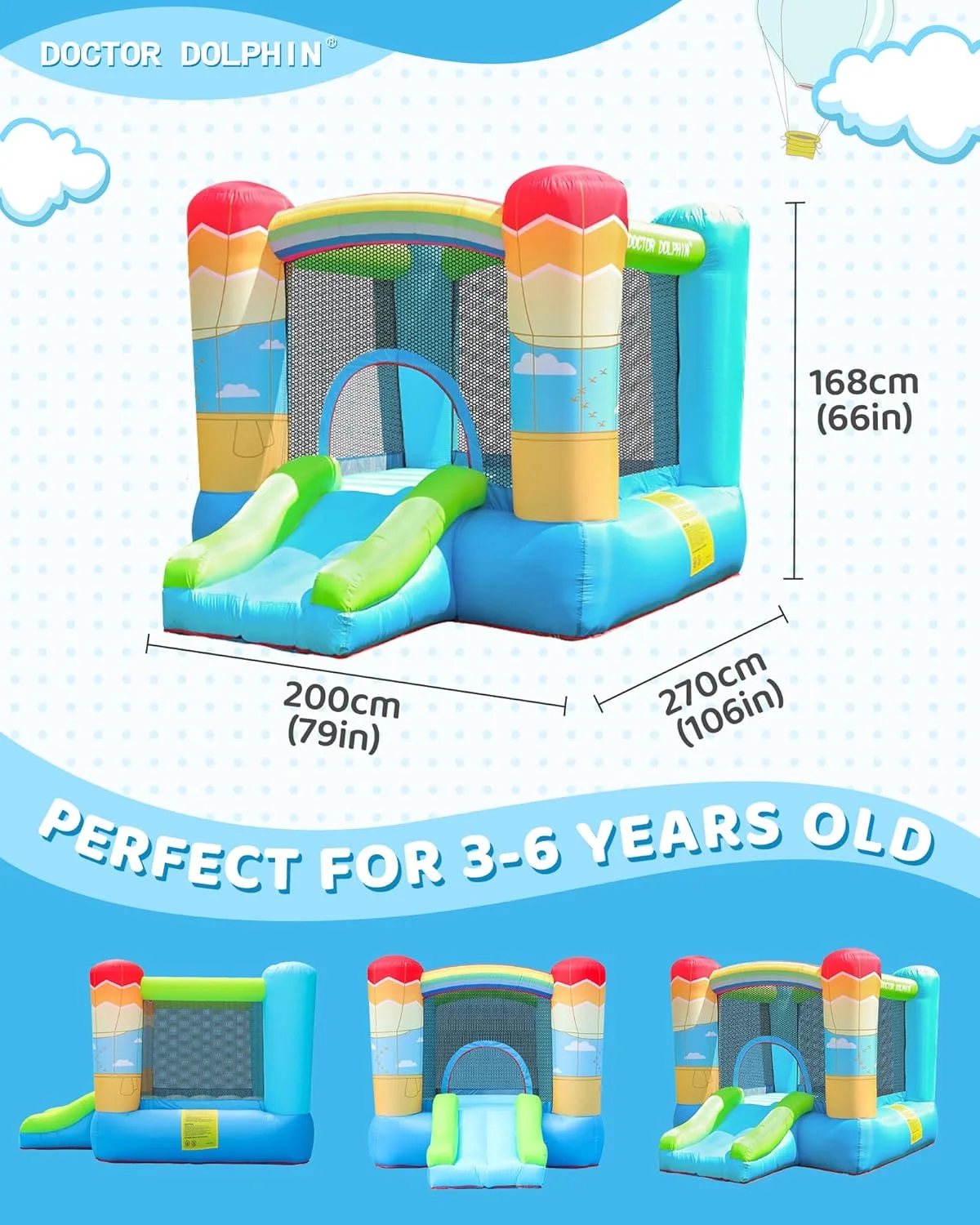 قلعه بادی دکتر دلفین برای کودکان، قلعه بازی بادی با دمنده مناسب فضای داخلی و خارجی، جامپینگ بادی برای مهمانی کودکان (طرح بالن هوای گرم)