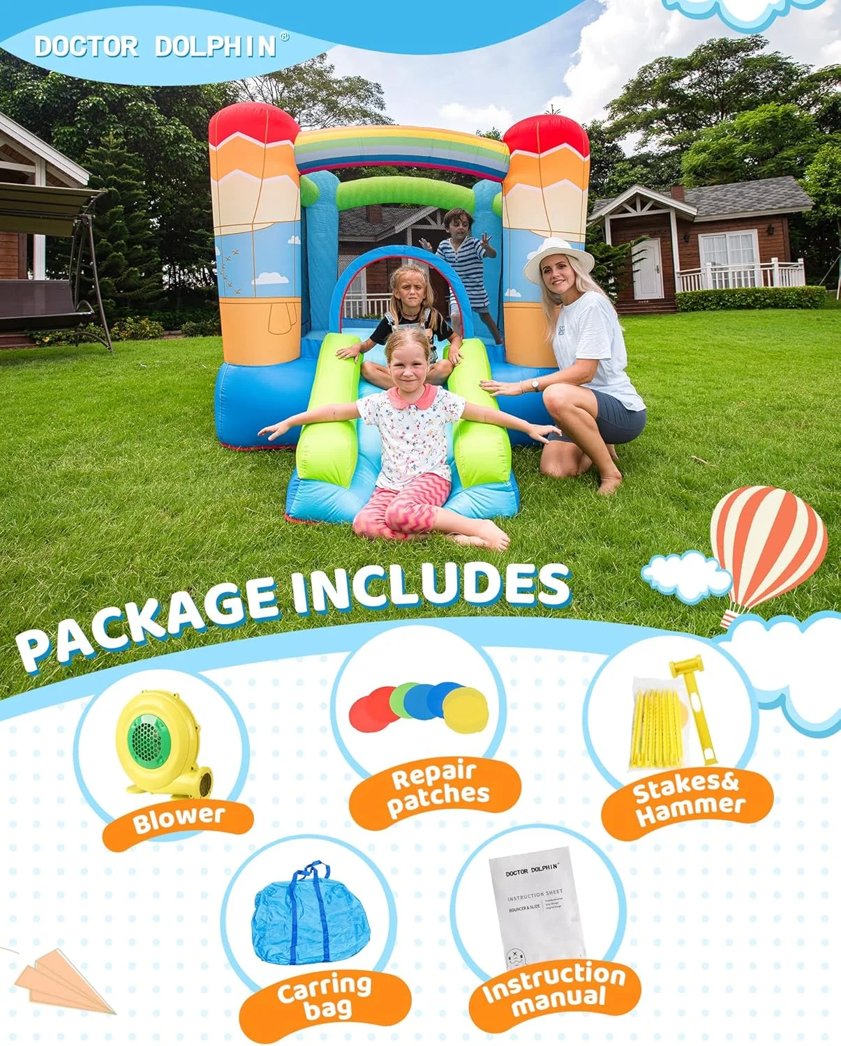قلعه بادی دکتر دلفین برای کودکان، قلعه بازی بادی با دمنده مناسب فضای داخلی و خارجی، جامپینگ بادی برای مهمانی کودکان (طرح بالن هوای گرم)
