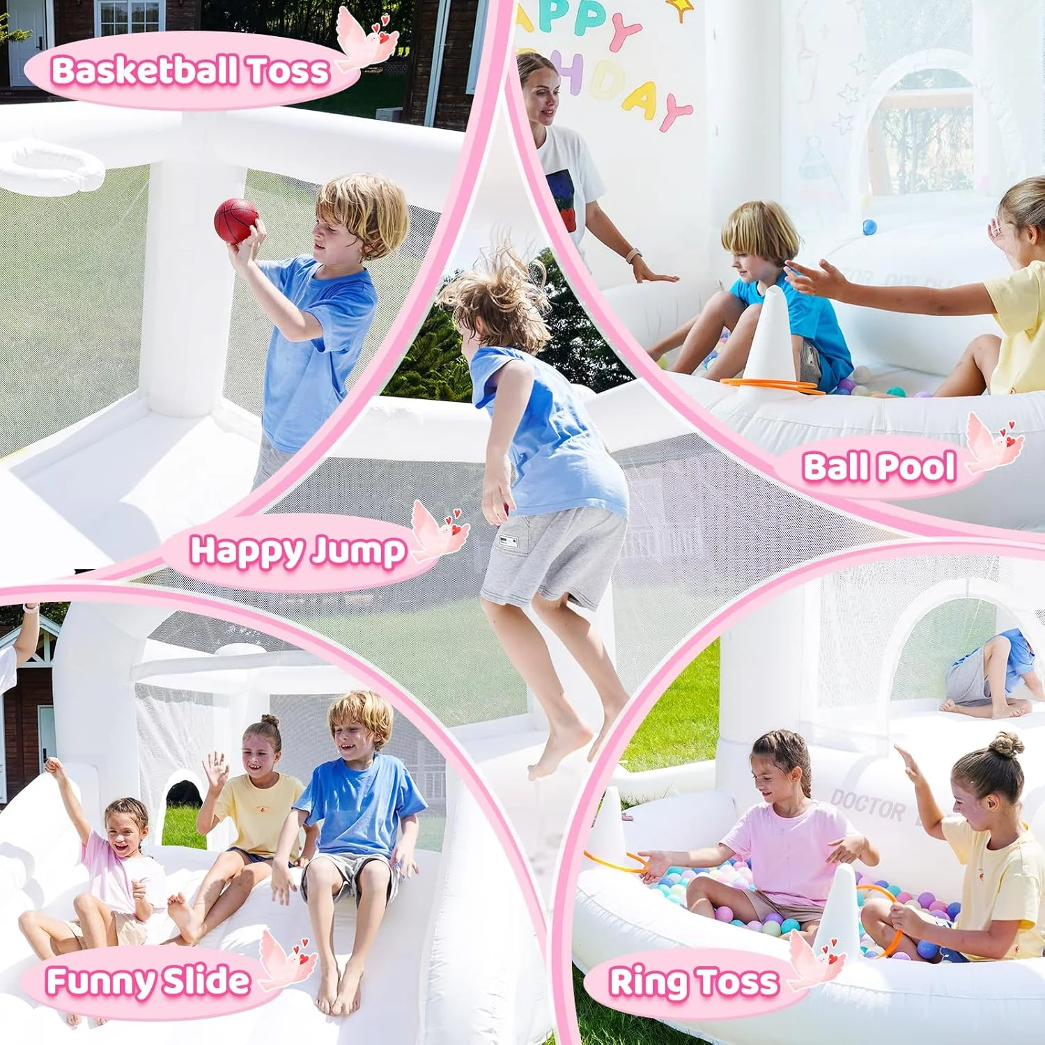 قلعه بادی سفید دکتر دلفین برای کودکان، قلعه بادی سرپوشیده با سرسره، قلعه بادی، قلعه بادی کودکان، خانه جامپینگ برای مهمانی هدیه