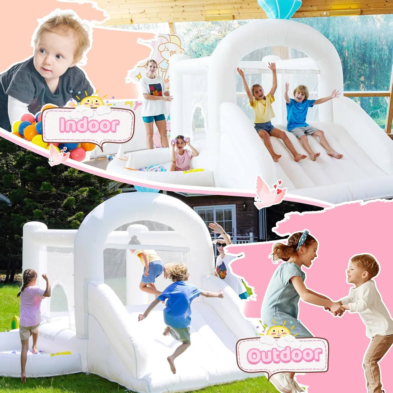 قلعه بادی سفید دکتر دلفین برای کودکان، قلعه بادی سرپوشیده با سرسره، قلعه بادی، قلعه بادی کودکان، خانه جامپینگ برای مهمانی هدیه