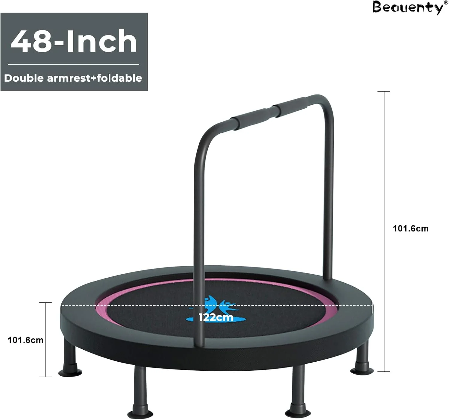 ترامپولین تاشو بیوتی در اندازه های 100 و 120 سانتی متر برای بزرگسالان و کودکان، ریباندر ورزشی بی صدا داخل سالن، ترامپولین تناسب اندام با نرده فومی با ارتفاع قابل تنظیم برای کودکان و بزرگسالان، مناسب برای داخل و خارج از منزل
