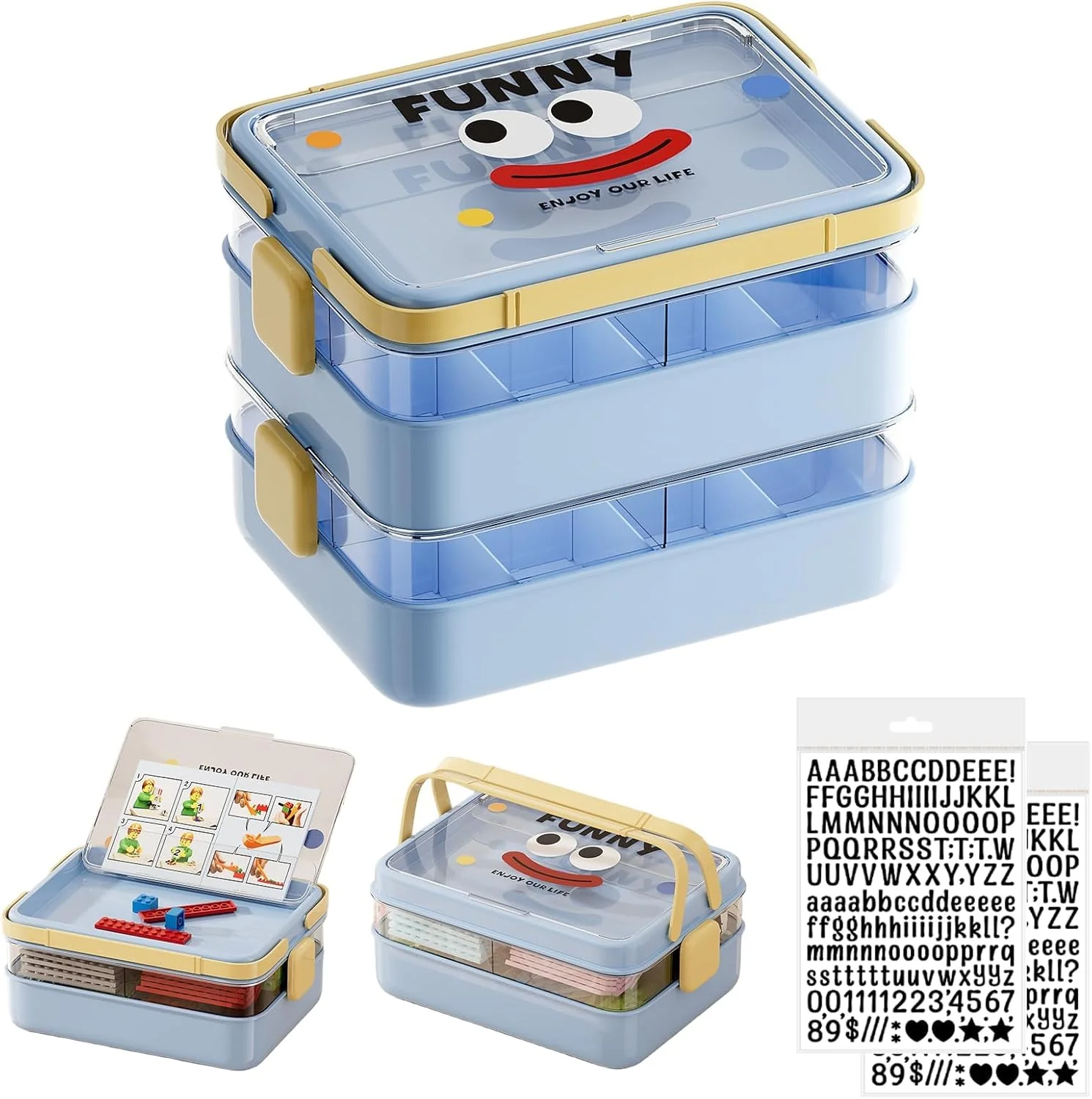 جعبه نظم دهنده لوازم هنری پلاستیکی، محفظه نگهداری چند لایه با دسته و نگهدارنده برگه راهنما، برای لگو، مهره، ابزار، لوازم خیاطی، کتاب، قابل چیدن، قابل حمل (5 لایه، آبی)