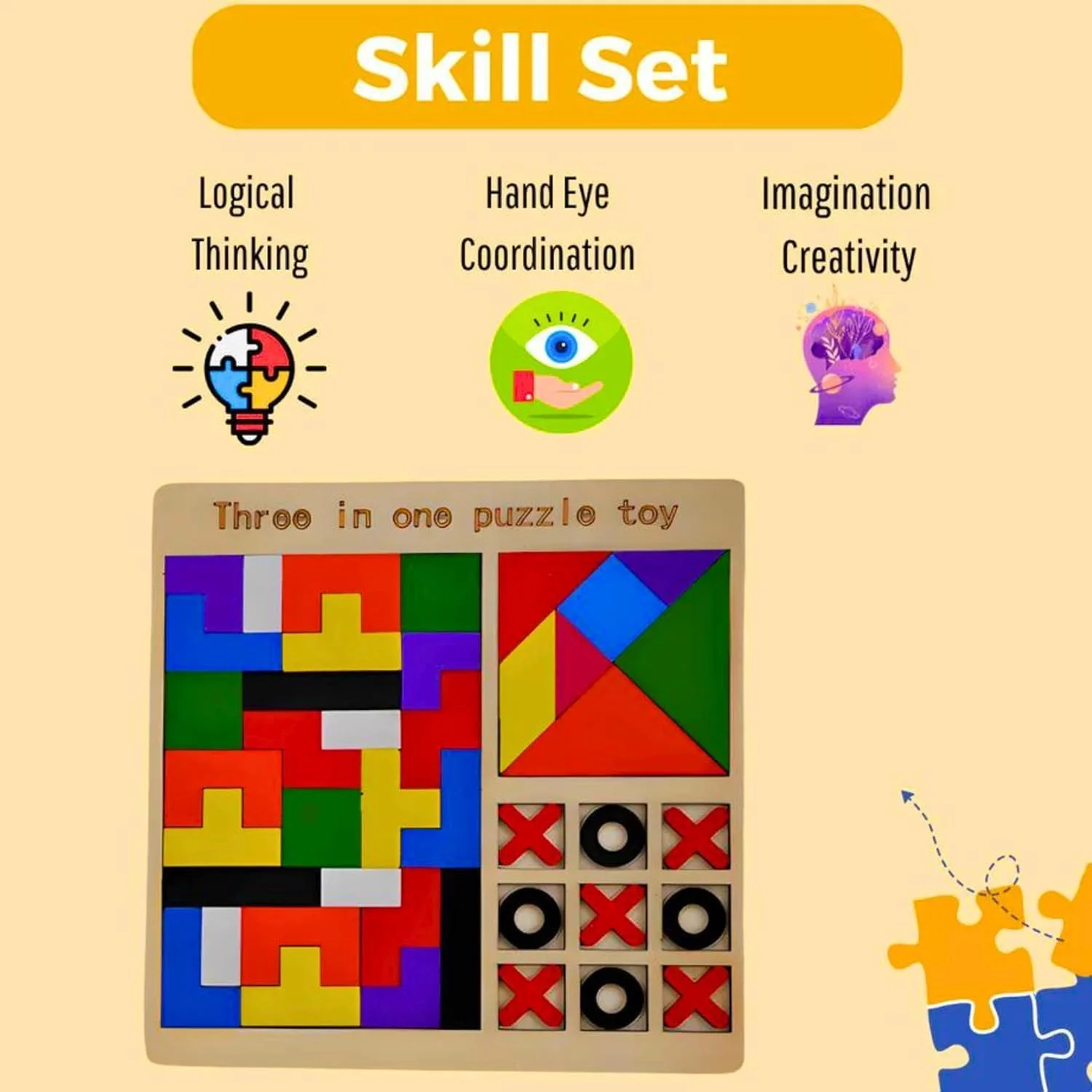 بازی فکری چوبی 3 در 1 باغ اسباب بازی، اسباب بازی آموزشی برای کودکان، پازل، تانگرام، شطرنج و ست دوز، تقویت مهارت های شناختی و هدیه برای پسران و دختران