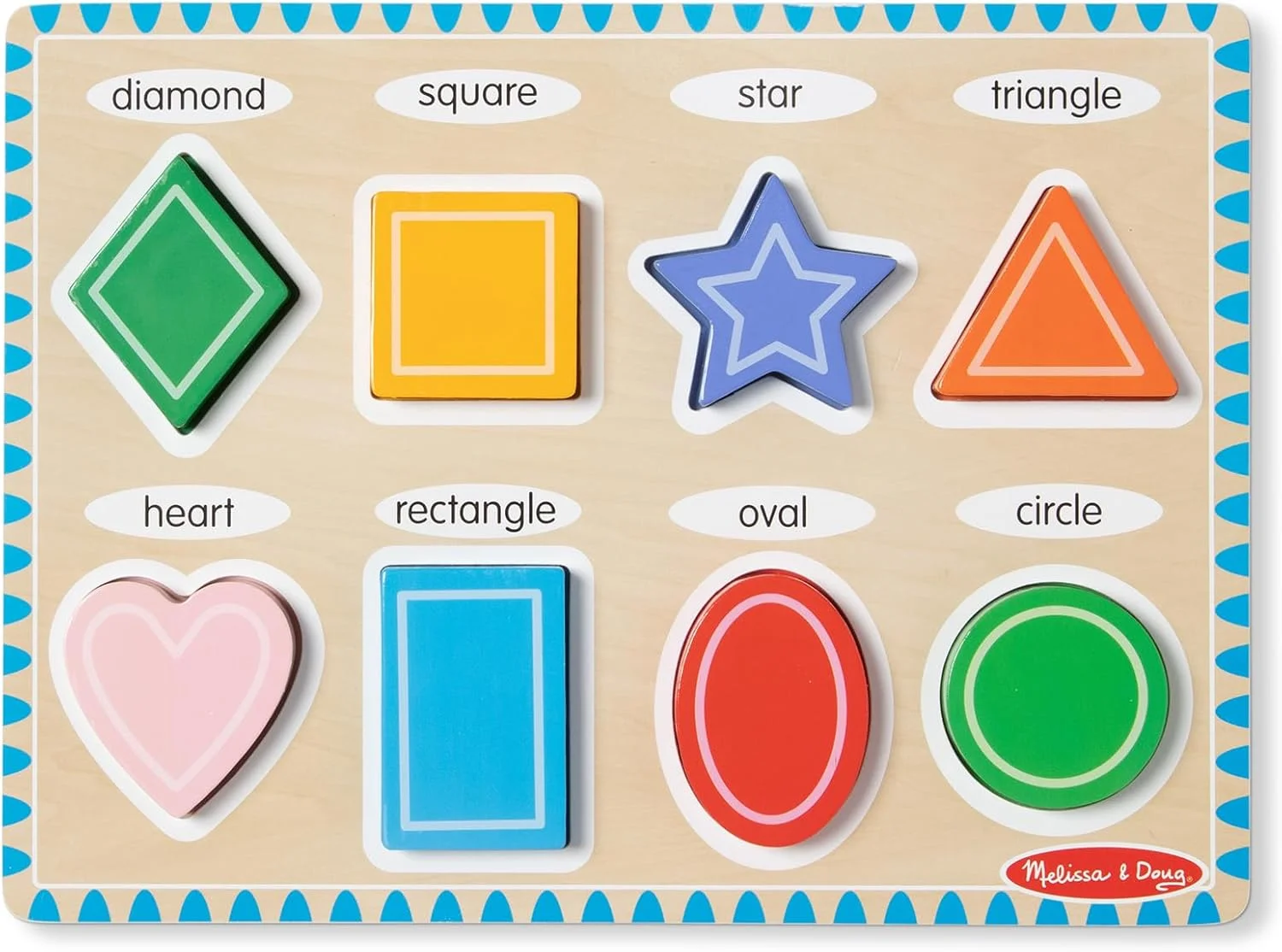 پازل اشکال چوبی ضخیم ملیسا و داگ، مناسب پیش دبستانی، قطعات چوبی ضخیم، تصاویر رنگی، 8 قطعه، 30.5 سانتی متر ارتفاع x 28 سانتی متر عرض x 2.3 سانتی متر طول