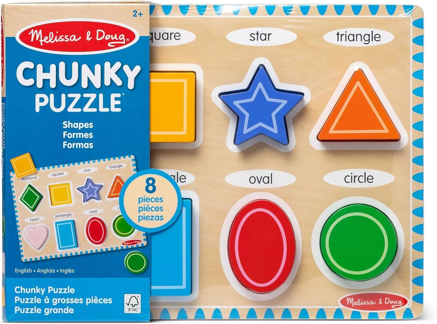 پازل اشکال چوبی ضخیم ملیسا و داگ، مناسب پیش دبستانی، قطعات چوبی ضخیم، تصاویر رنگی، 8 قطعه، 30.5 سانتی متر ارتفاع x 28 سانتی متر عرض x 2.3 سانتی متر طول