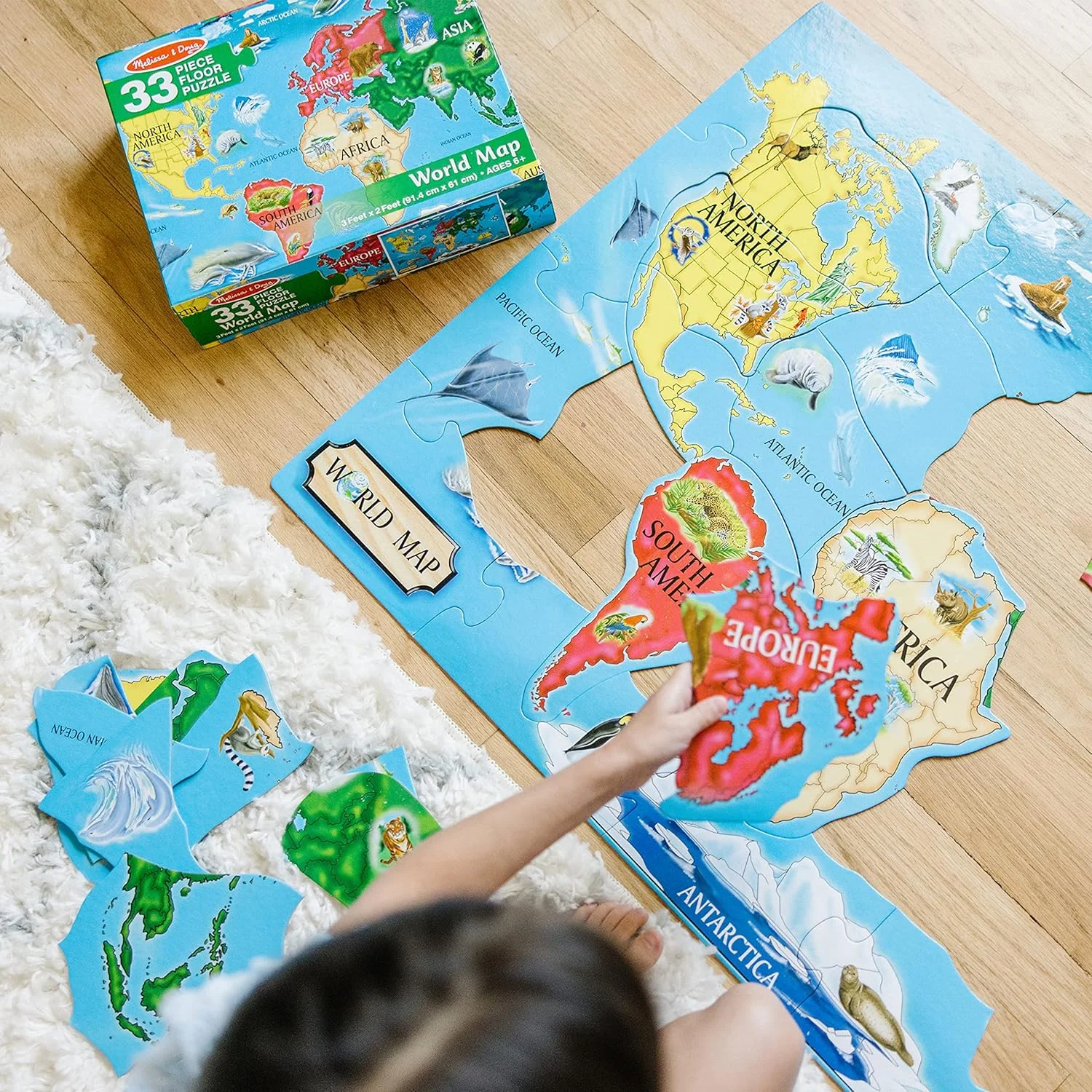پازل بزرگ نقشه جهان ملیسا و داگ، سطح تمیز شونده، آموزش جغرافیا و اشکال، 33 تکه، 60 سانتی متر طول * 90 سانتی متر عرض