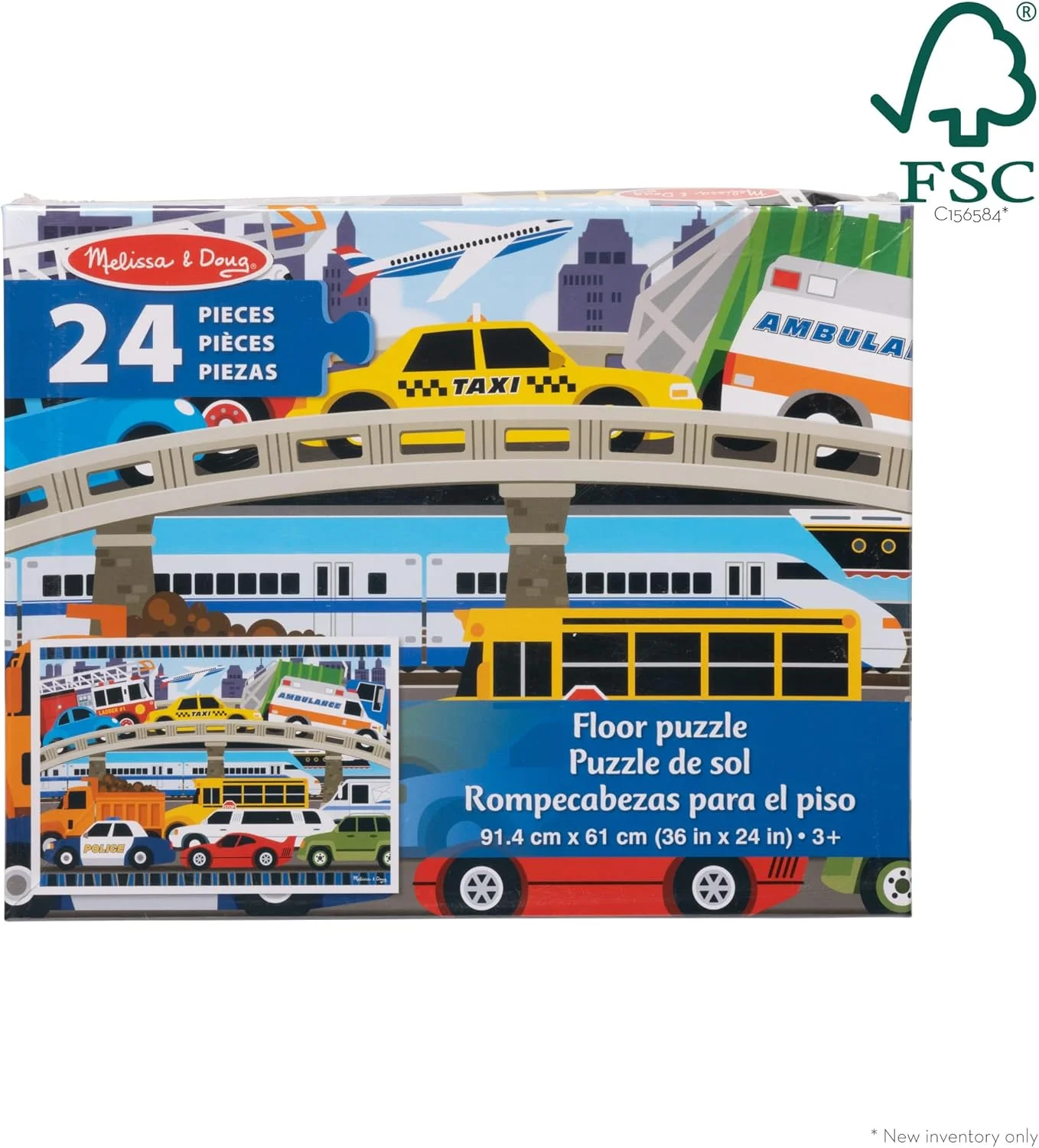 پازل بزرگ ترافیک ملیسا و داگ (24 قطعه، 60 در 90 سانتی متر)، پازل اره منبت کاری با طرح وسایل نقلیه برای کودکان پیش دبستانی و کودکان 3 سال به بالا - دارای گواهی FSC