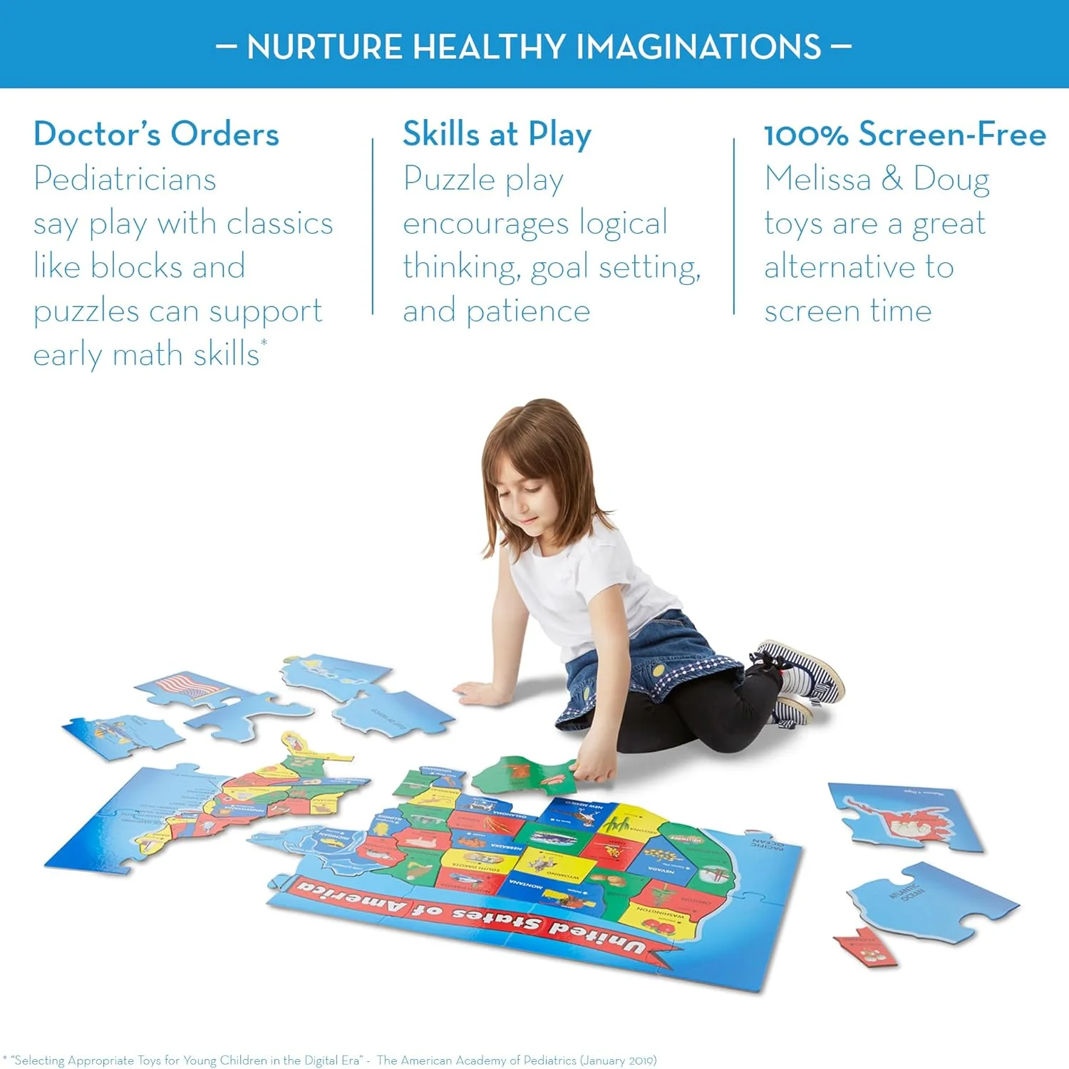 پازل نقشه ایالات متحده آمریکا ملیسا و داگ، سطح قابل تمیز کردن، آموزش جغرافیا و اشکال، ۵۱ قطعه، ۶۰ سانتی متر طول در ۹۰ سانتی متر عرض