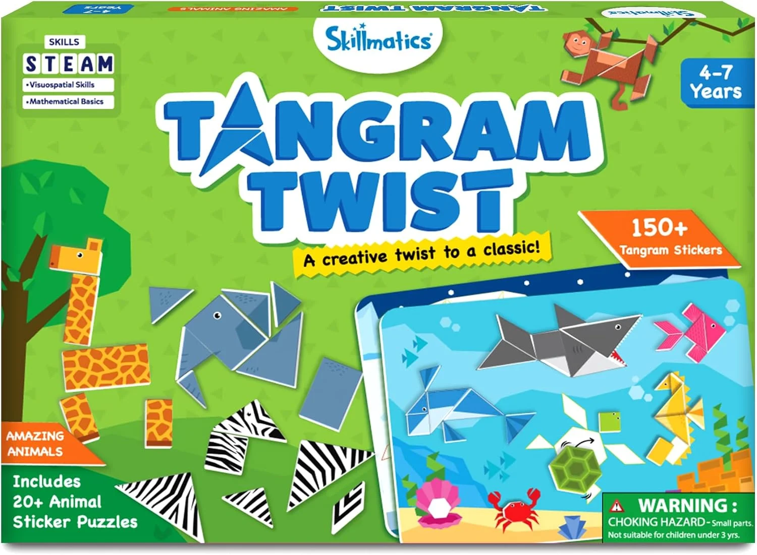 فعالیت هنری و کاردستی Skillmatics - تانگرام پیچشی حیوانات شگفت انگیز، اسباب بازی STEAM، کیت های کاردستی، پازل، فعالیت DIY، هنر برچسب بدون کثیف کاری، آموزشی برای پسران و دختران، هدیه برای سنین 4، 5، 6، 7