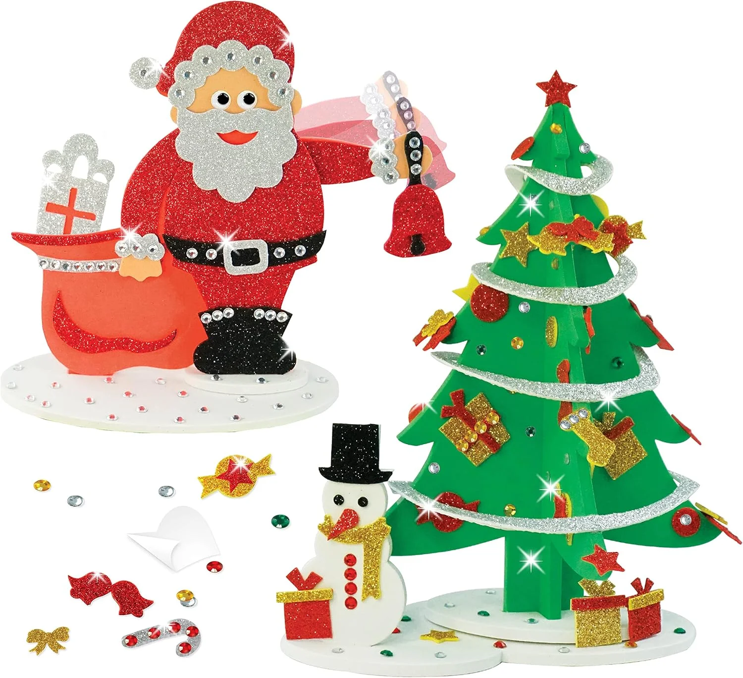 ست کاردستی فومی کریسمس ایمیجی‌میک - بابانوئل سه بعدی، درخت کریسمس درخشان، آدم برفی | جدا کن و بچسبان، سرگرمی براق | اسباب بازی برای کودکان | بدون کثیف کاری، خودت بساز خلاقانه | هدیه کریسمس برای کودکان، چند رنگ