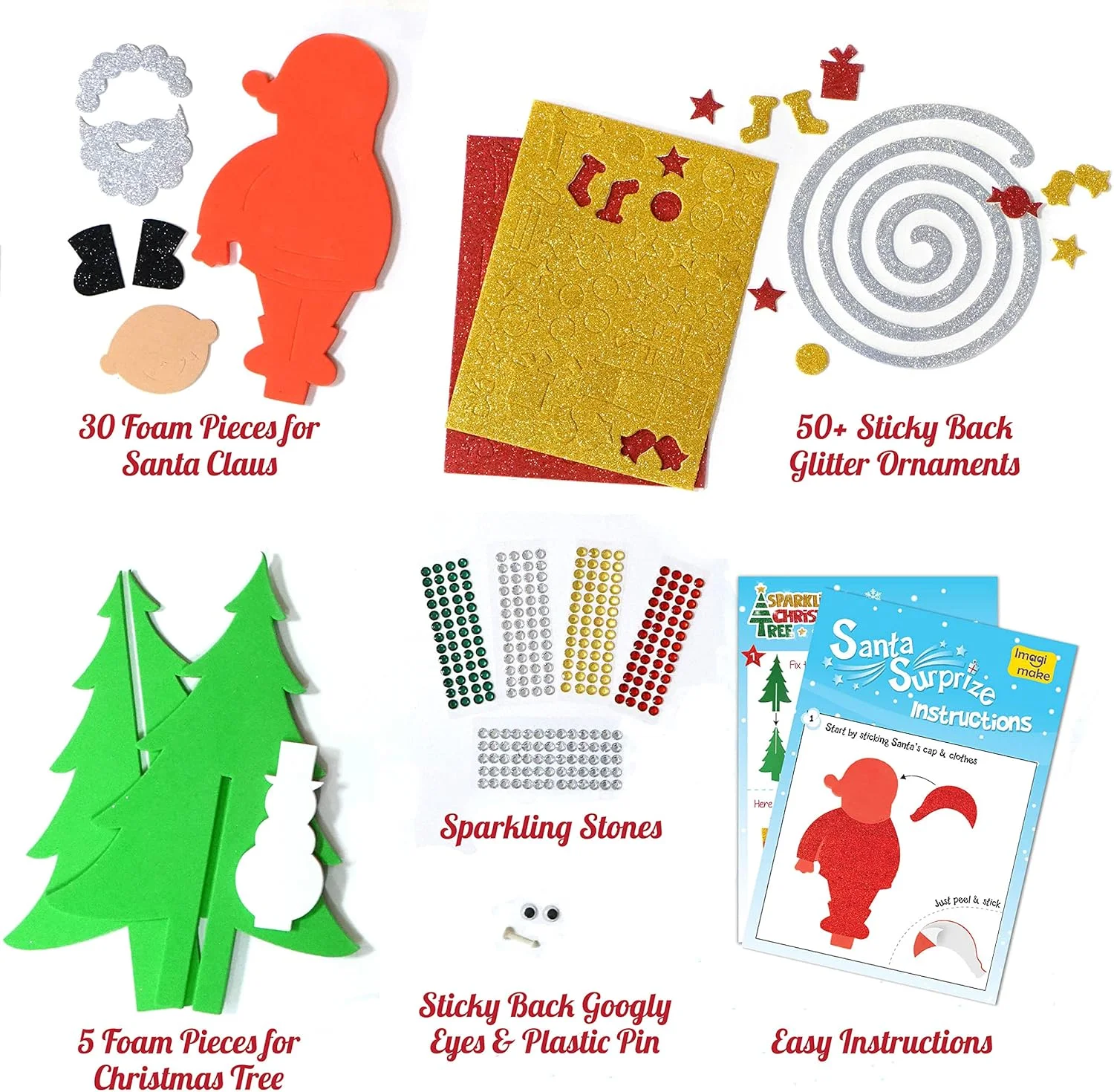 ست کاردستی فومی کریسمس ایمیجی‌میک - بابانوئل سه بعدی، درخت کریسمس درخشان، آدم برفی | جدا کن و بچسبان، سرگرمی براق | اسباب بازی برای کودکان | بدون کثیف کاری، خودت بساز خلاقانه | هدیه کریسمس برای کودکان، چند رنگ