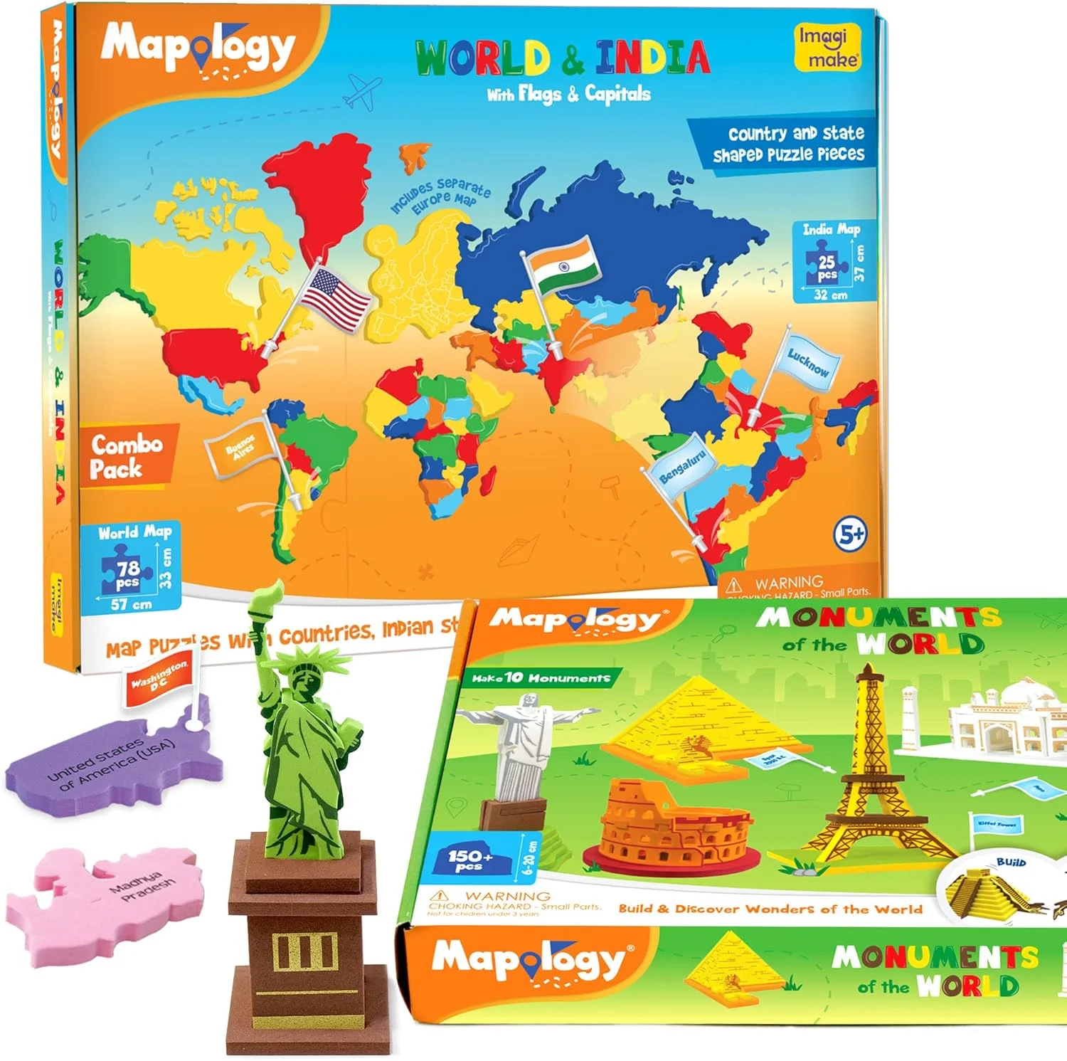 ایماجی‌میک نقشه‌شناسی - آثار باستانی جهان، پازل نقشه هند و جهان با پایتخت‌ها و پرچم کشورها، اسباب‌بازی آموزشی - پازل برای کودکان 5 سال به بالا، بهترین هدیه برای پسران و دختران