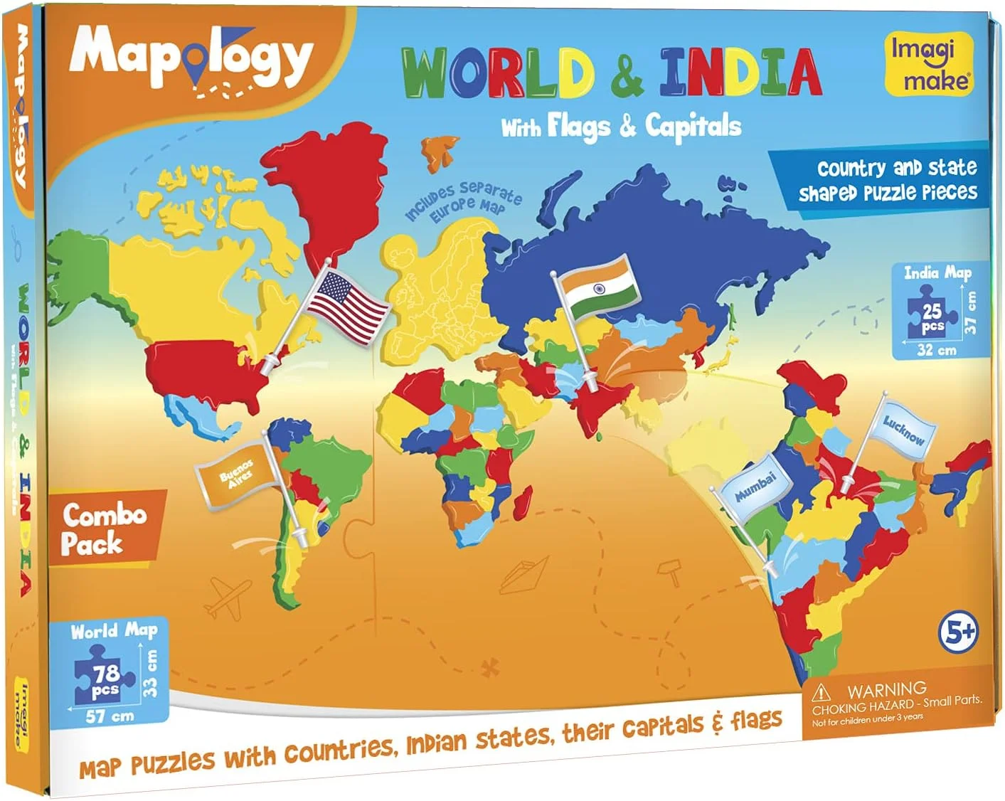 ایماجی‌میک نقشه‌شناسی - آثار باستانی جهان، پازل نقشه هند و جهان با پایتخت‌ها و پرچم کشورها، اسباب‌بازی آموزشی - پازل برای کودکان 5 سال به بالا، بهترین هدیه برای پسران و دختران