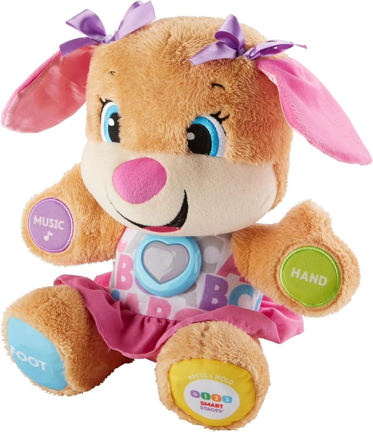 دوست دختر سگ آموزشی Fisher-Price، اسباب بازی بغلی سخنگو و آوازخوان، اسباب بازی کودک از 6 ماهگی، اسباب بازی آموزشی تعاملی سگ، نسخه آلمانی، FPP53