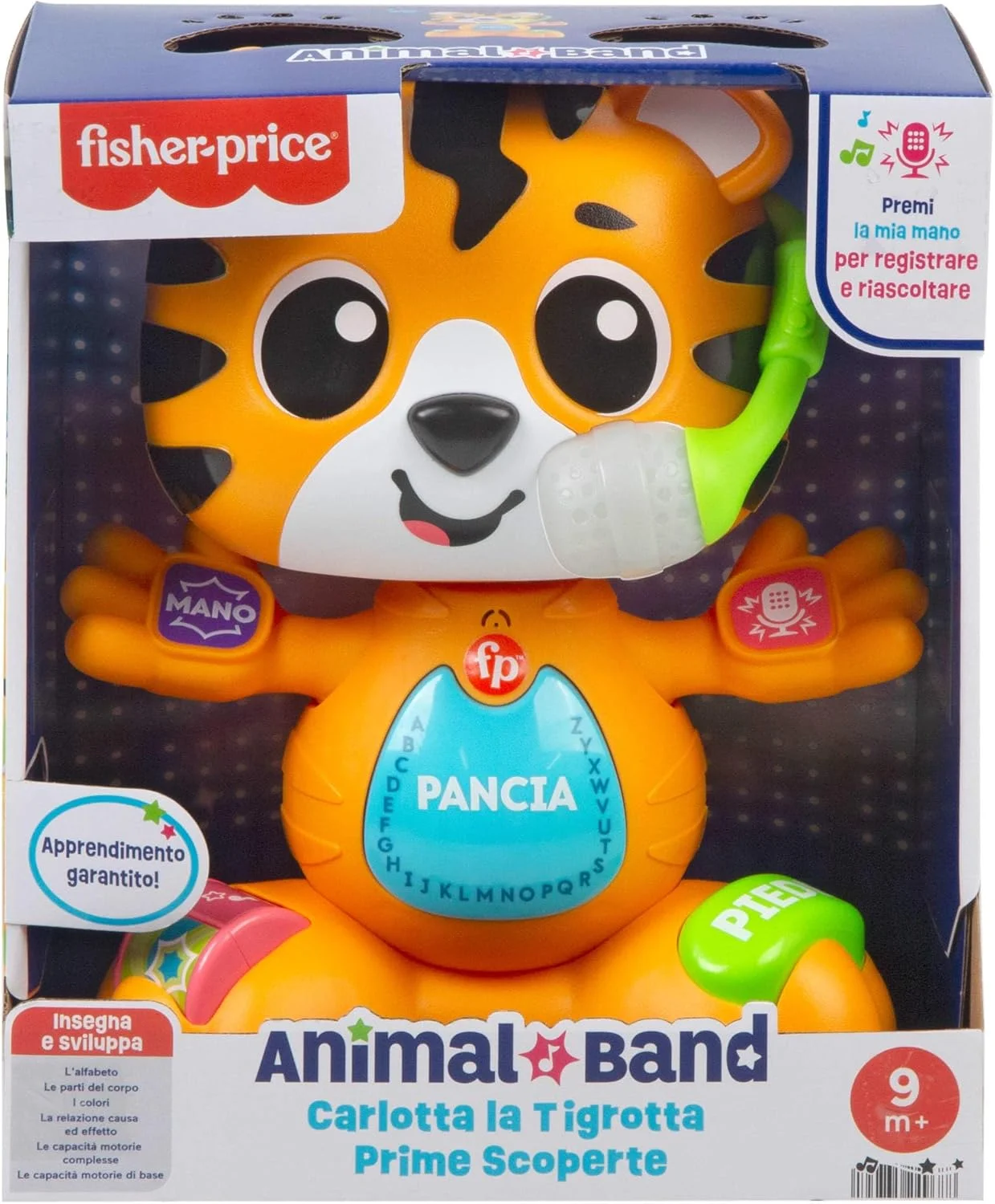 اسباب بازی آموزشی Fisher-Price برای نوزادان و کودکان نوپا، ببر جاستین رقصنده و آموزش دهنده با صداها و نورها برای کودکان از 9 ماهگی، نسخه ایتالیایی، HYL04