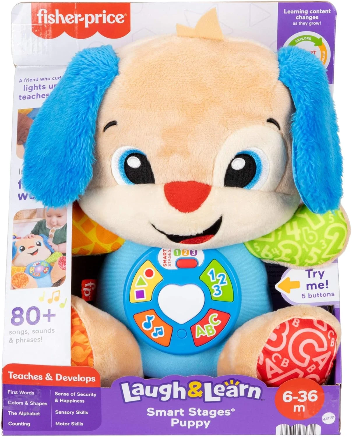 اسباب بازی پولیشی Fisher-Price Laugh & Learn JFD26 با مراحل هوشمند، اسباب بازی آموزشی موزیکال برای نوزادان از 6 ماهگی، نسخه چند زبانه: ایتالیایی، اسپانیایی، پرتغالی، انگلیسی