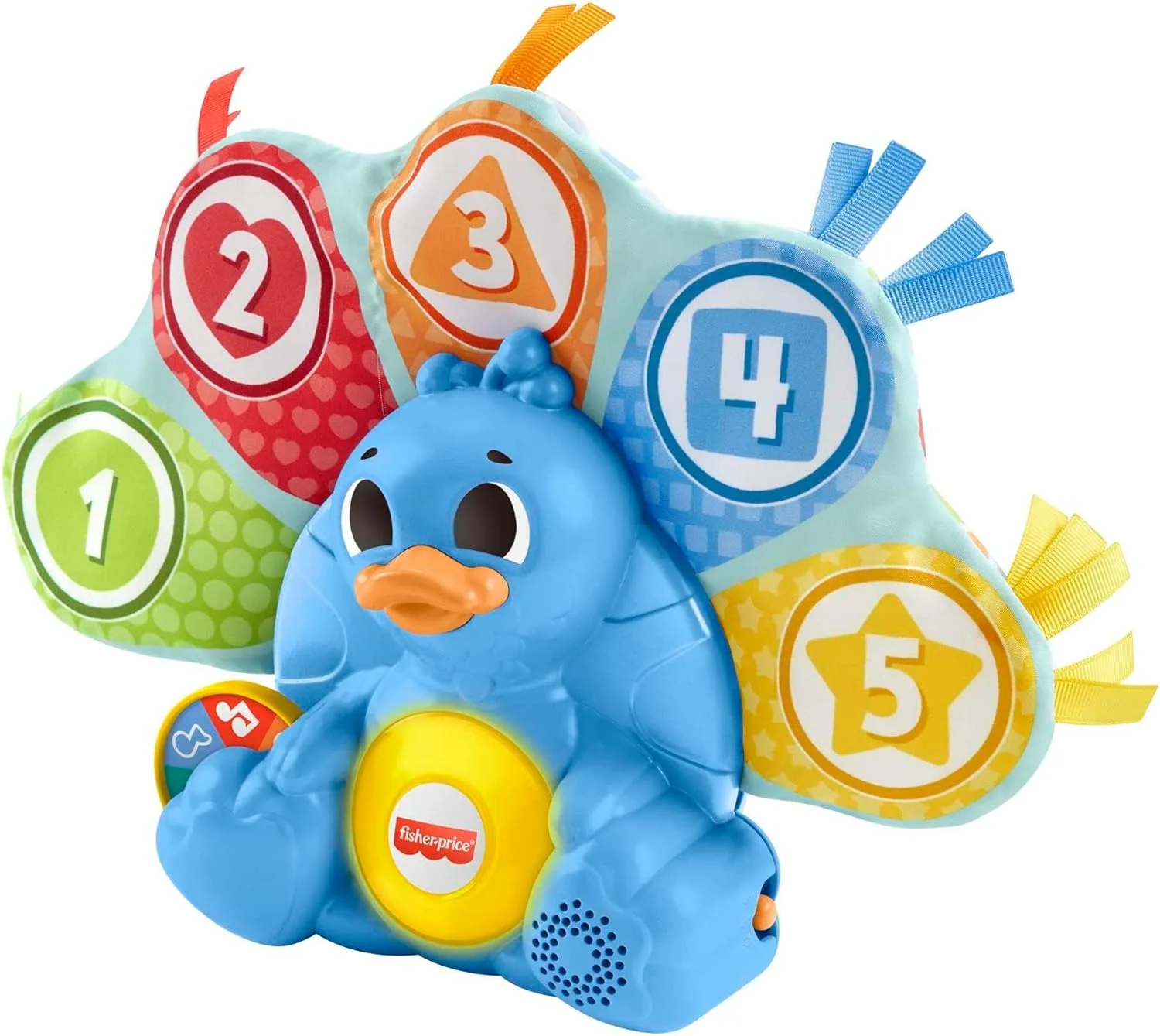 طاووس موزیکال آموزشی اعداد و رنگ‌ها Fisher-Price BlinkiLinkis، اسباب بازی الکترونیکی همراه با نور و موسیقی برای نوزادان و کودکان نوپا از 9 ماهگی (هلندی)، HNN79