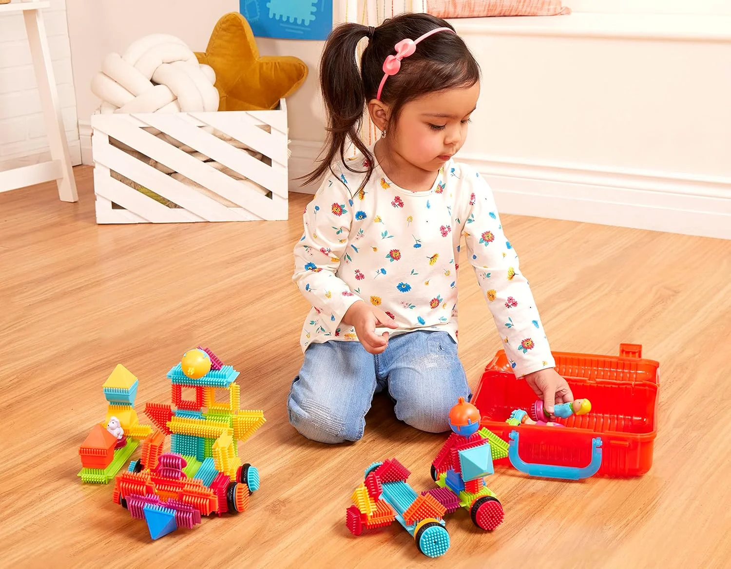 بلوک های مویی 85 تکه ای Battat در چمدان با آدمک ها - بلوک های ساختنی با پرز، اسباب بازی حرکتی - اسباب بازی کودک و نوزاد از 2 سالگی