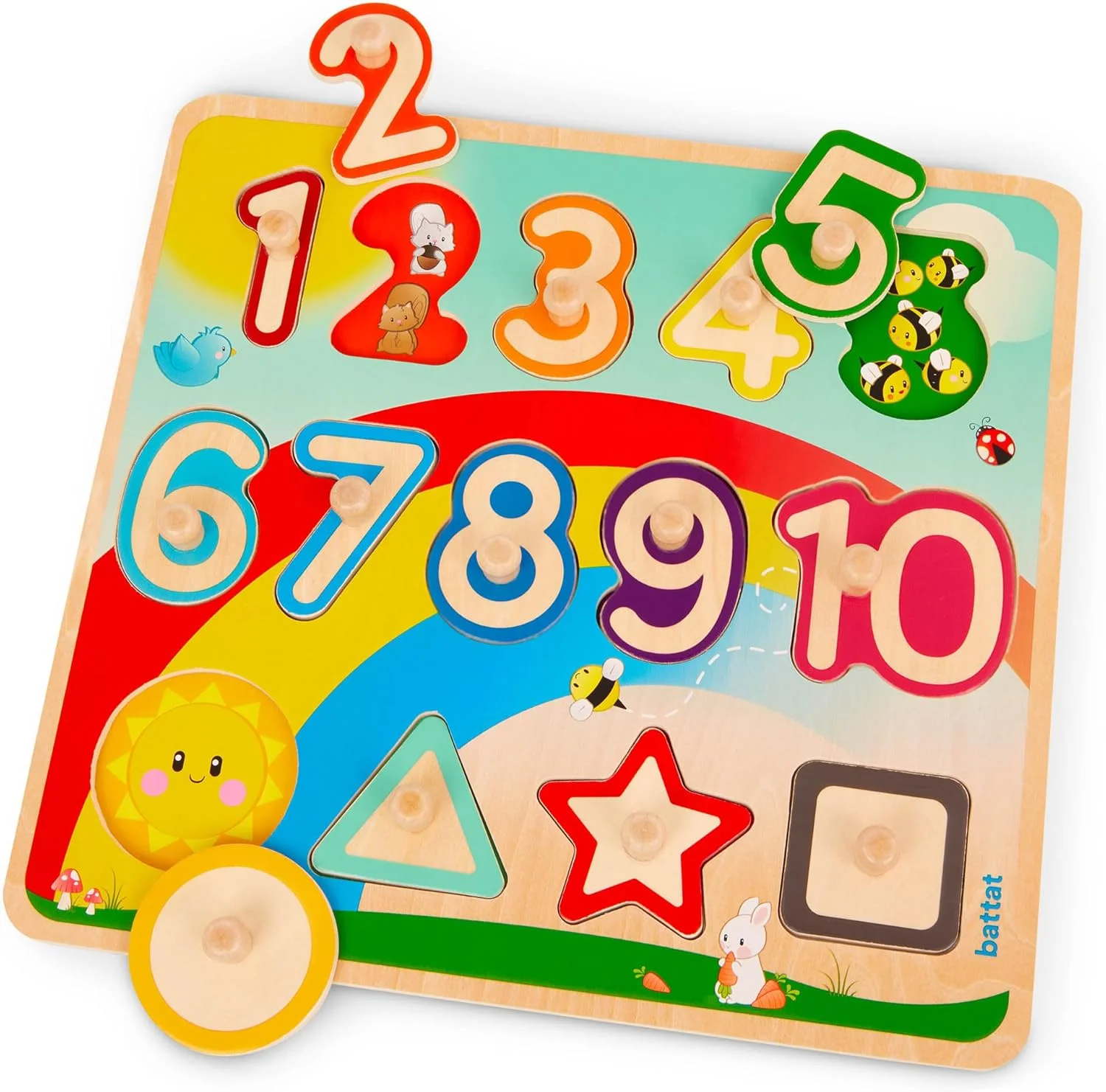 پازل چوبی میخ دار باتات – پازل ۱۲۳ برای کودکان نوپا – اسباب بازی های چوبی – اسباب بازی های آموزشی – ۲ سال به بالا – پازل چوبی میخ دار: باغ رنگین کمان