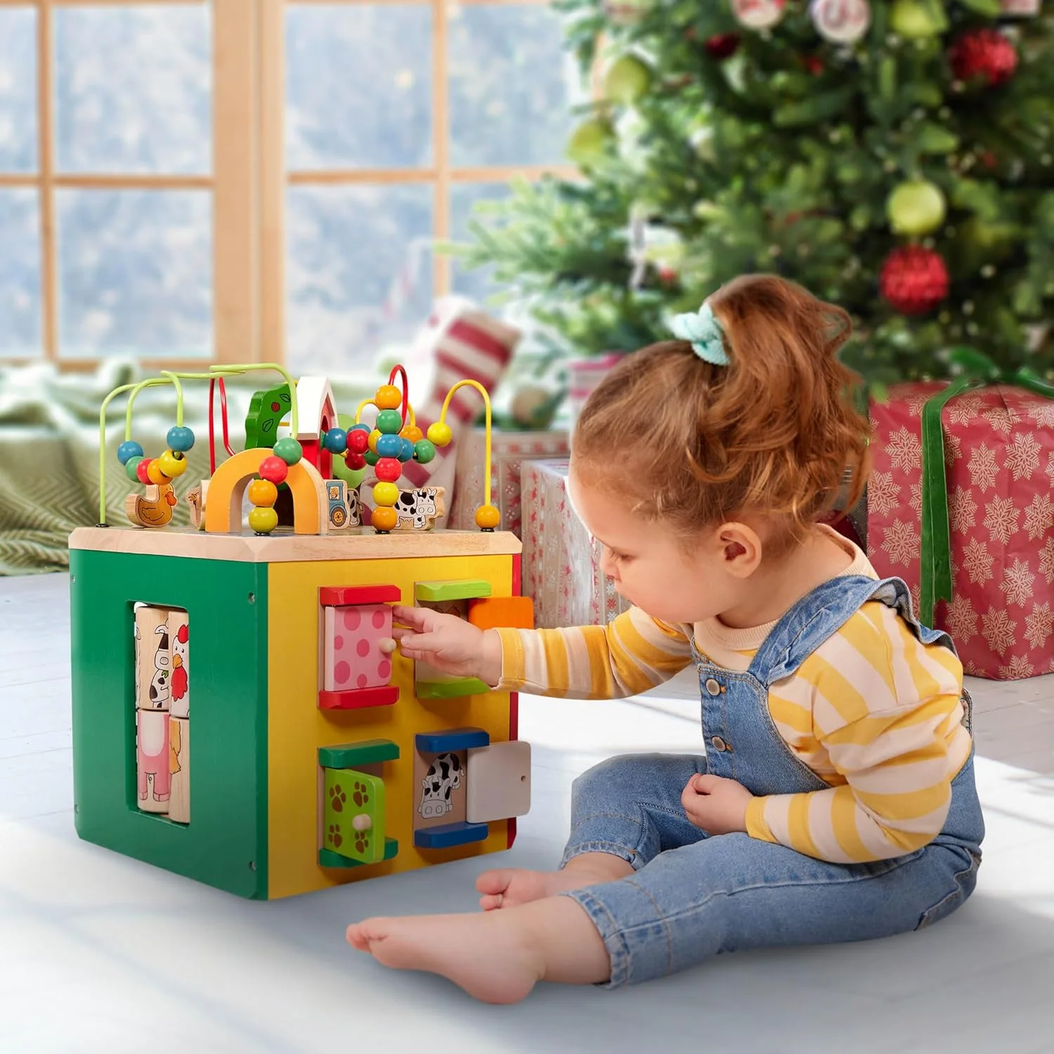مرکز فعالیت حیوانات مزرعه باتات - اسباب بازی چوبی محکم برای نوزاد - اسباب بازی کلاسیک برای رشد کودک - 5 طرف، مارپیچ مهره، پازل - 12 ماه + - مکعب فعالیت مزرعه