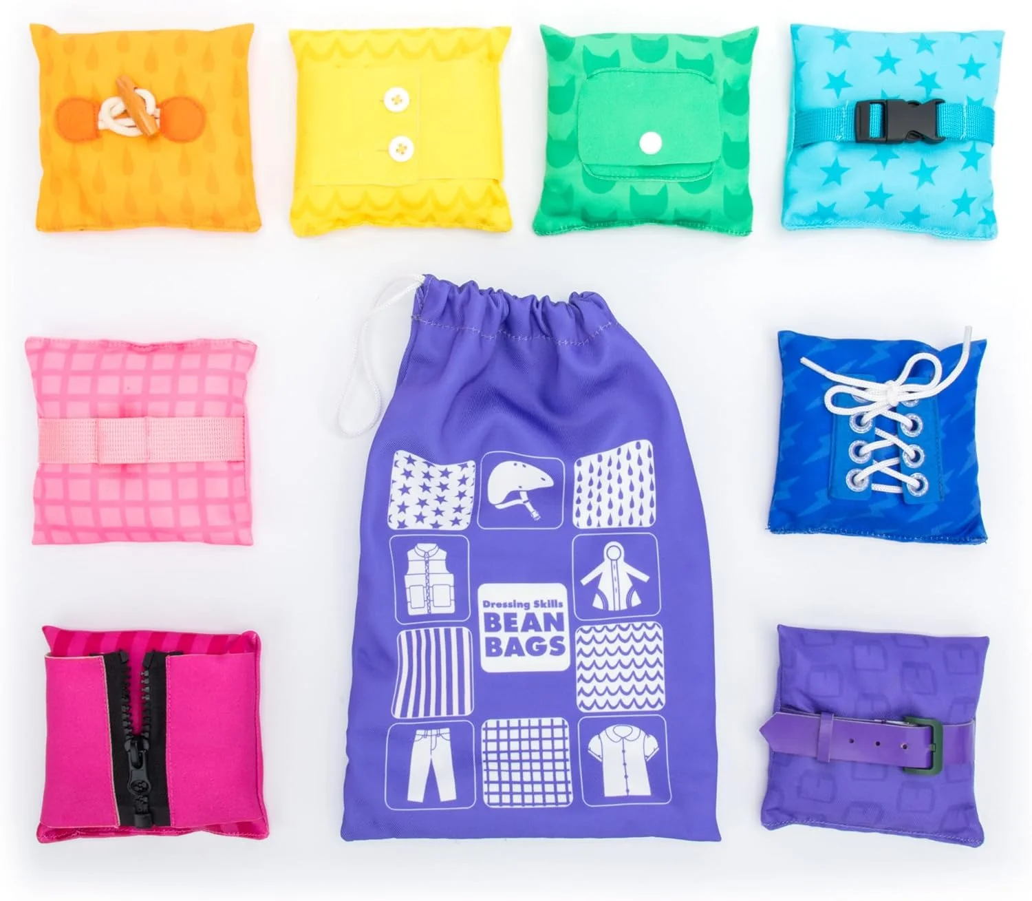 کیسه لوبیاهای آموزش مهارت های لباس پوشیدن - فعالیت های برد شلوغ مونته سوری برای کودکان نوپا، تمرین بستن بند کفش، اسباب بازی های کاردرمانی، آموزش مهارت های زندگی و یادگیری نحوه لباس پوشیدن برای کودکان 4 سال به بالا