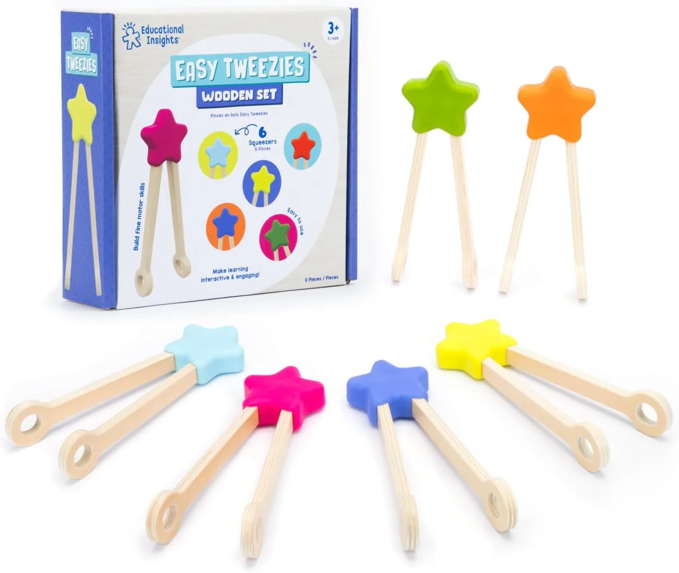 مجموعه ابزار حرکتی ظریف برای کودکان Educational Insights Easy Tweezies - ابزار حرکتی ظریف برای کودکان، لوازم ضروری کلاس های پیش دبستانی و اسباب بازی های درمانی، کیت فعالیت انبر چوبی برای کودکان نوپا 3 سال به بالا