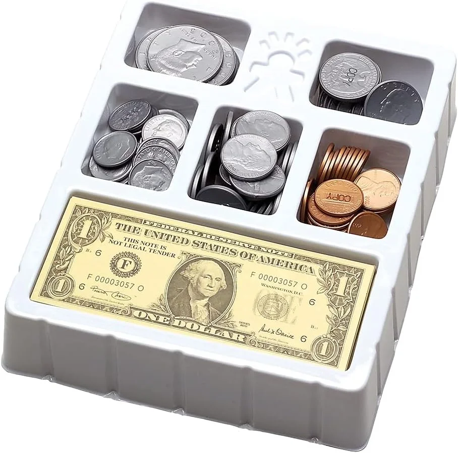 سکه ها و اسکناس های آموزشی، مجموعه 200 قطعه پول بازی برای کلاس درس یا خانه، مهارت های شمارش و بازی خیالی، 5 سال به بالا