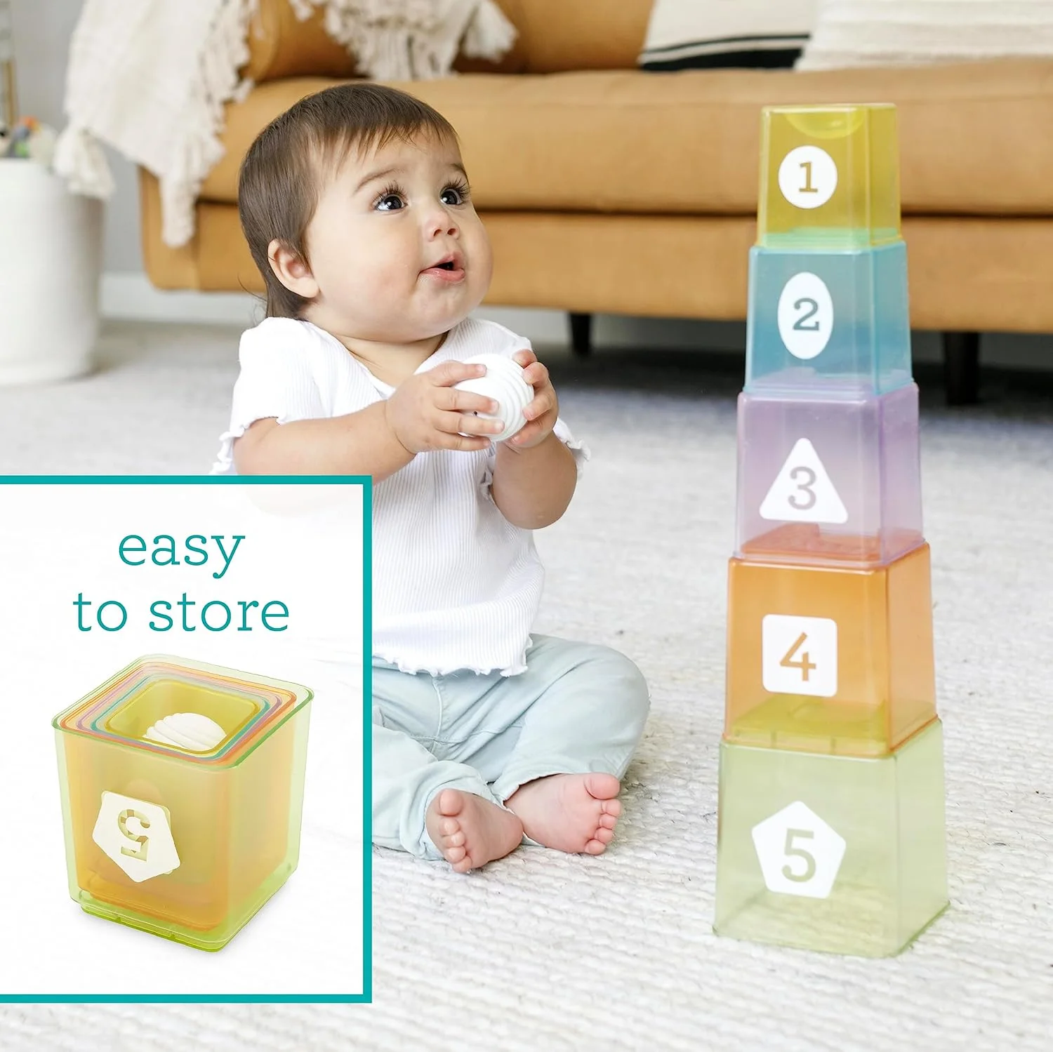 مجموعه آموزشی فنجان و توپ اینفانتینو، مجموعه 6 تکه چند رنگ - شامل 1 توپ، 5 فنجان برای چیدن و ساختن، مناسب برای 6 ماه به بالا