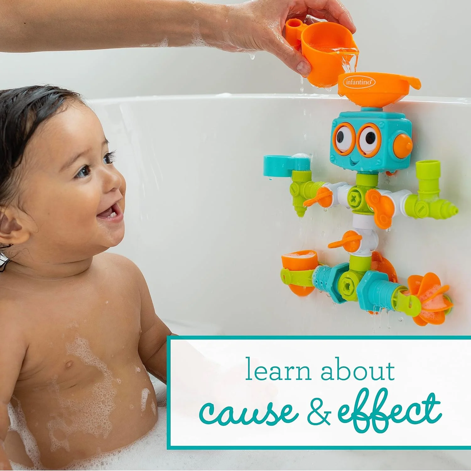 Infantino - مجموعه لوله کشی حسی Plug & Play - اسباب بازی ربات حمام 16 تکه برای اکتشاف حسی و یادگیری علت و معلول